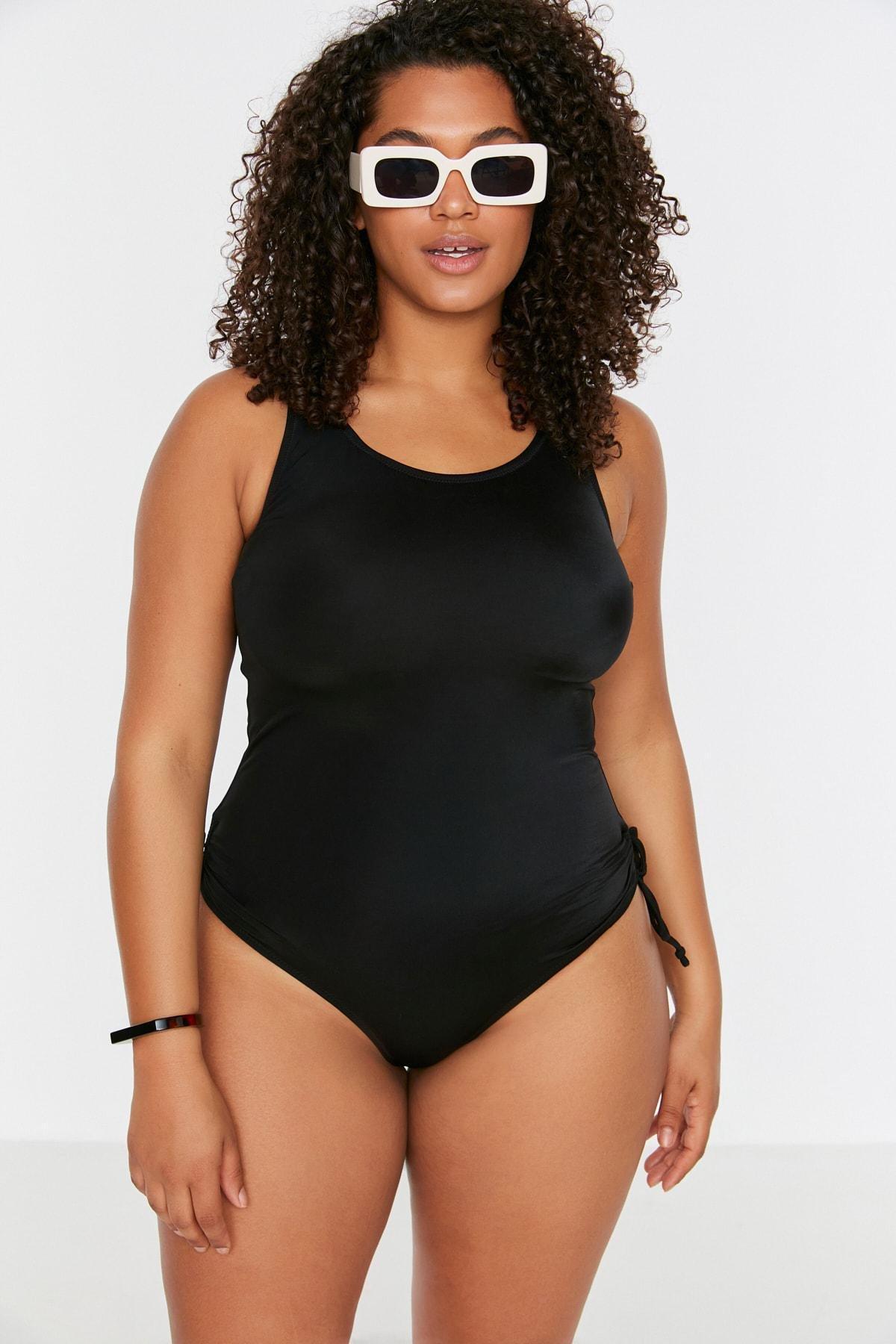 Black Plain Plus Size Swimsuit, Black, large image number 1