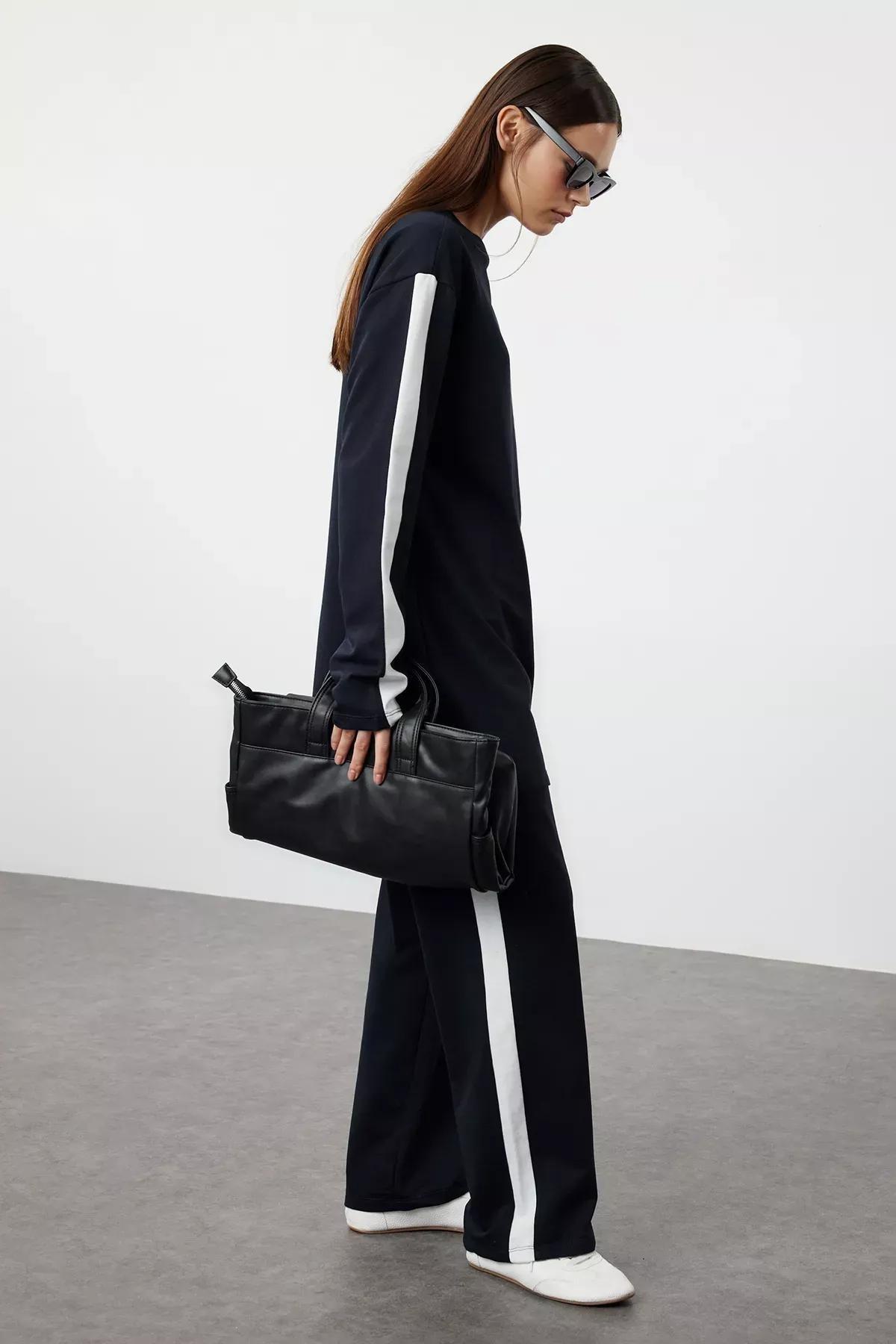 Black Stripe Detailed Side Slit Knitted Tracksuit TCTSS22EN0007, 2s, Navy blue, medium