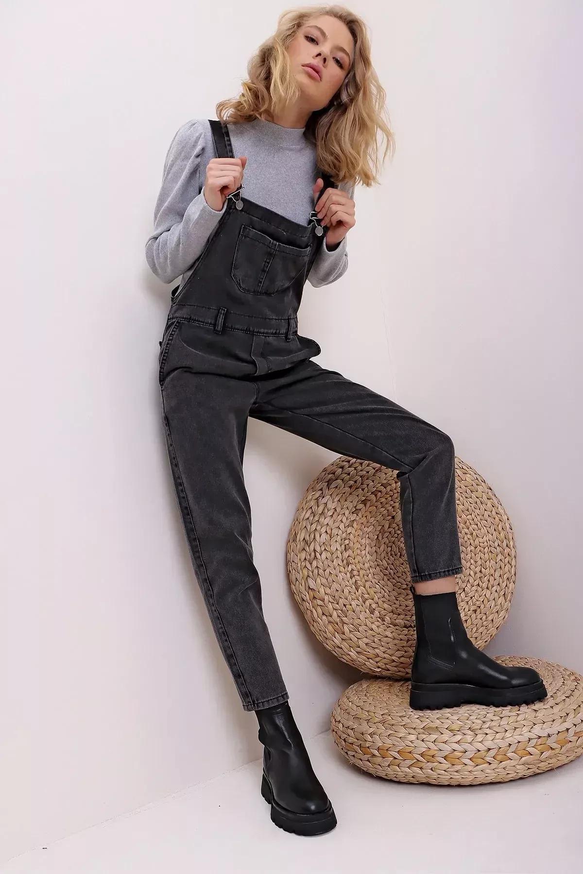 Black Square Collar Overalls, Black, large image number 1