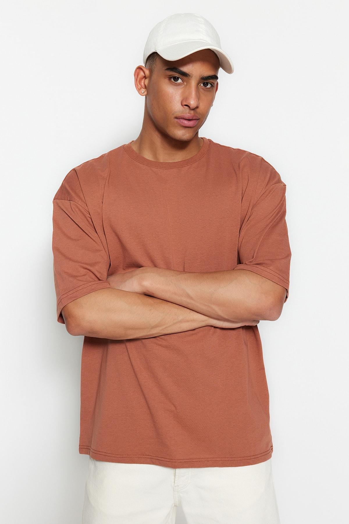 Brown Oversize Crew Neck T-Shirt, , medium