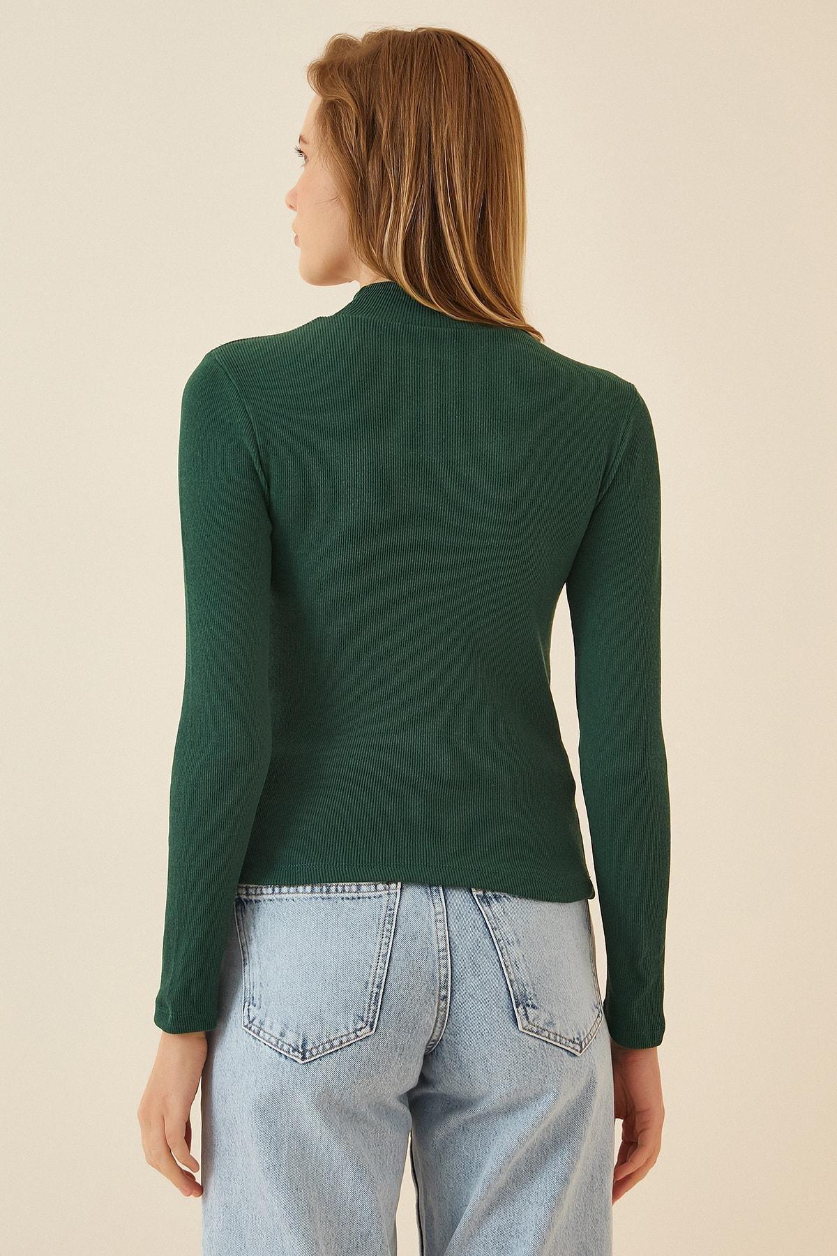 Green Standing Neck Fitted Blouse, Green, large image number 3