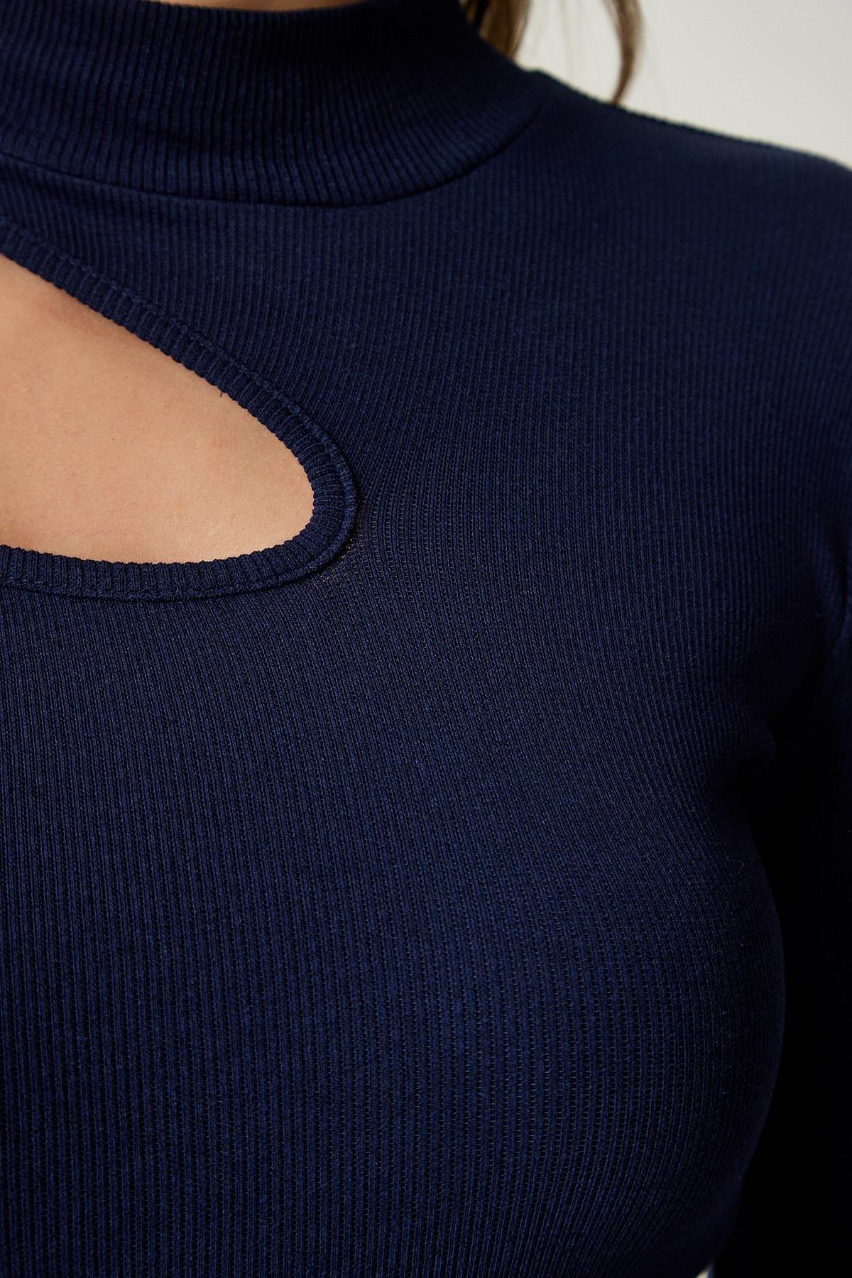 Blue Cut Out Detailed Ribbed Knitted Blouse, Navy blue, large image number 2