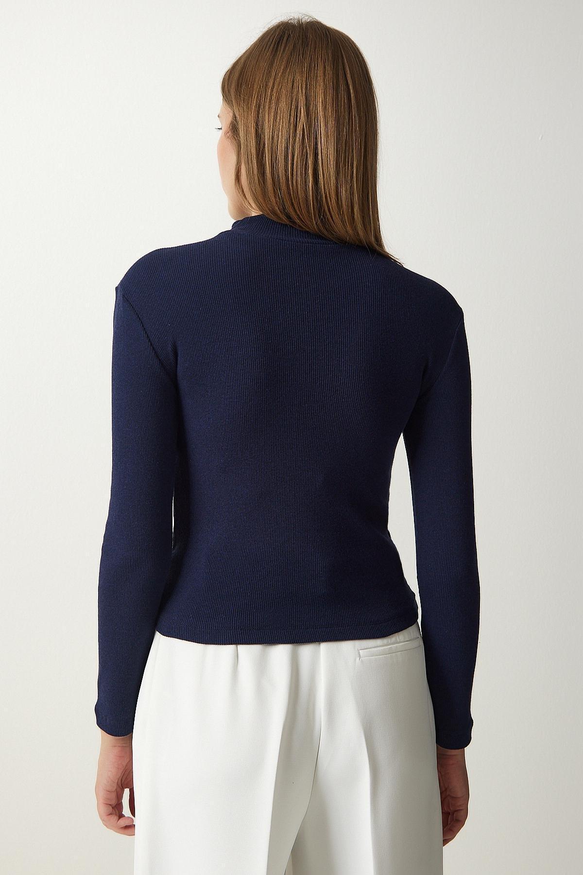 Blue Cut Out Detailed Ribbed Knitted Blouse, Navy blue, large image number 3