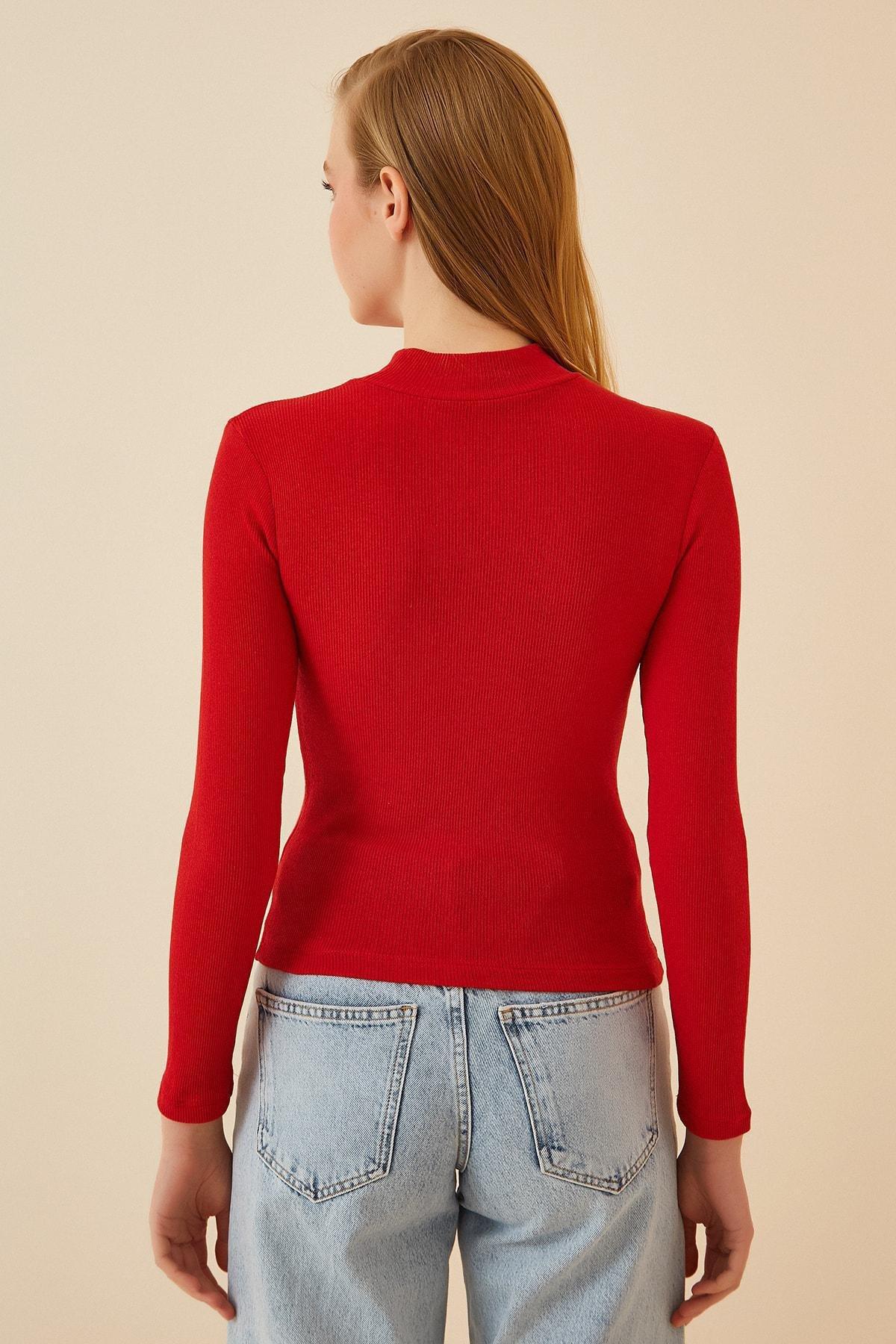 Red Standing Neck Fitted Blouse, Red, large image number 2