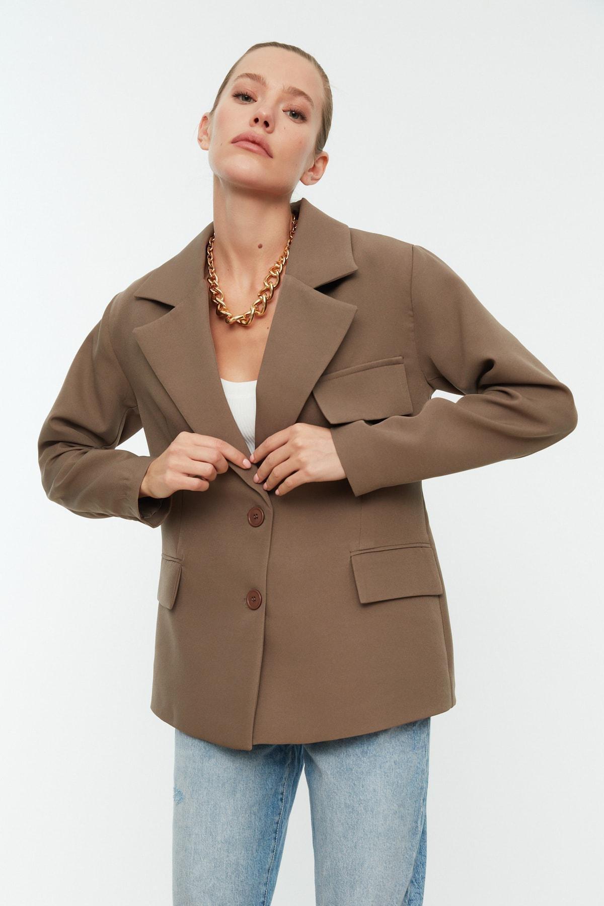 Brown Oversize Lapel Collar Blazer, , large image number 0