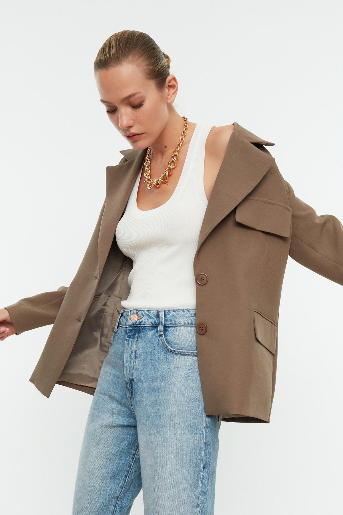 Brown Oversize Lapel Collar Blazer, , large image number 1
