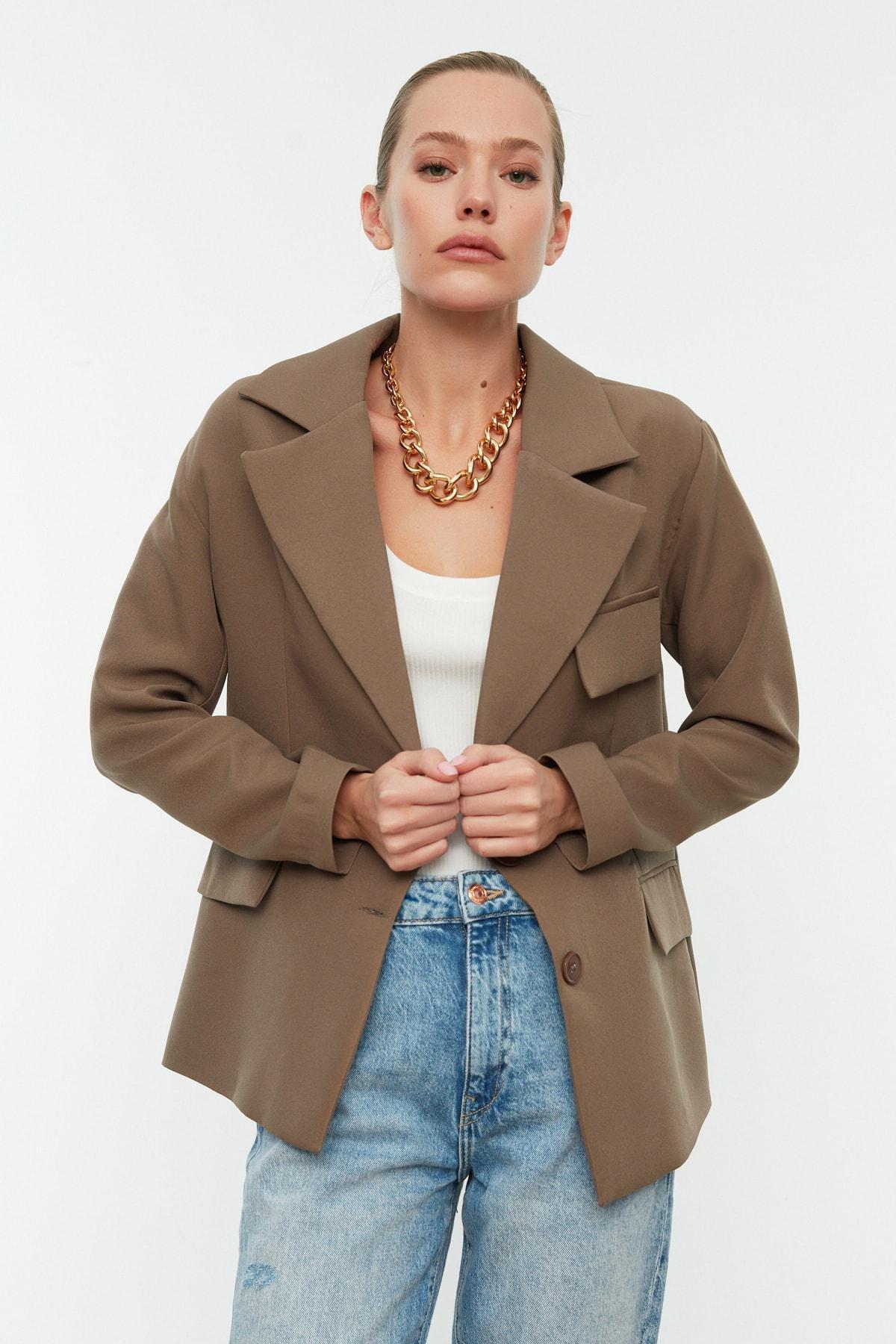 Brown Oversize Lapel Collar Blazer, , large image number 2