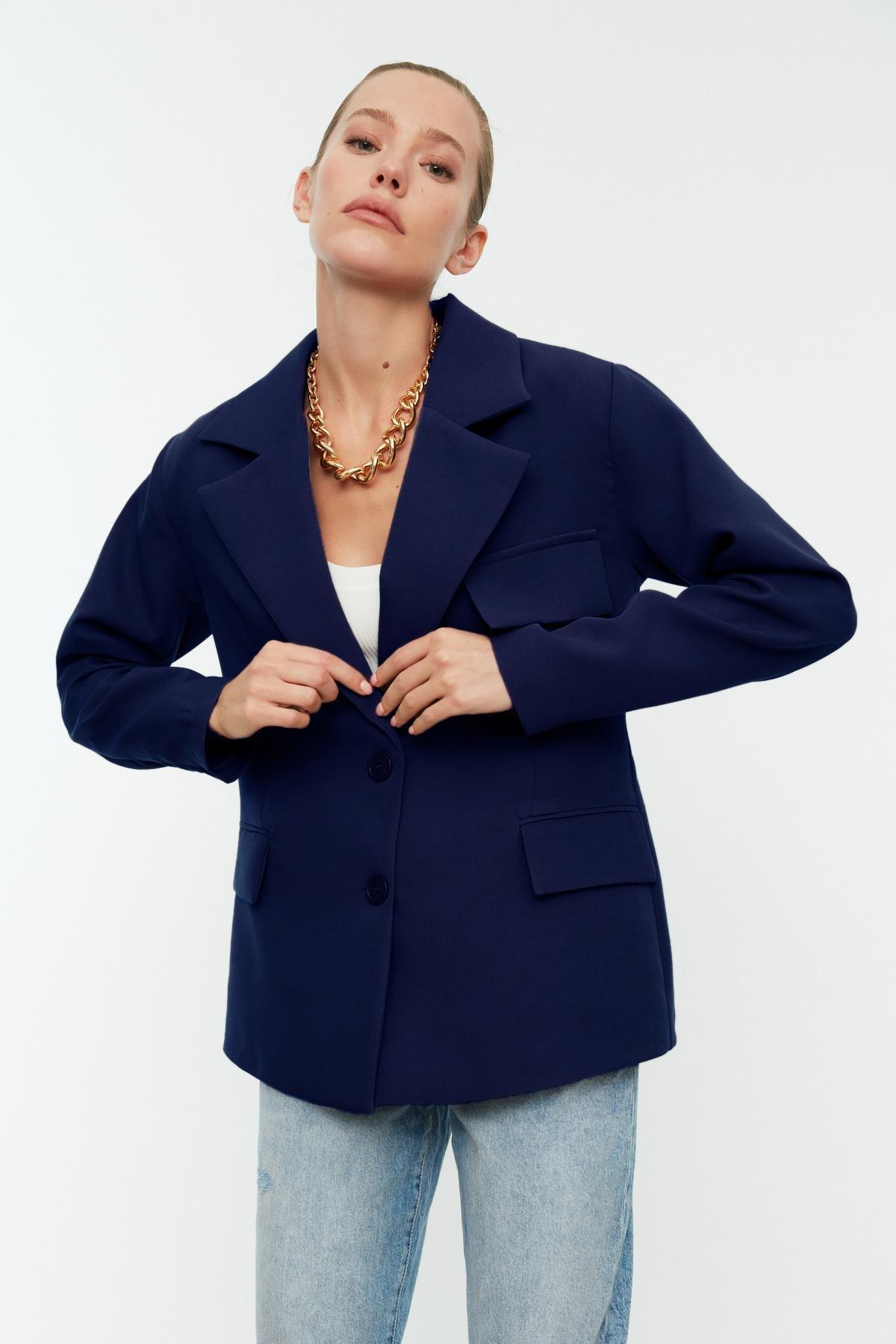 Navy Oversized Puffer Blazer, Dark blue, large image number 1