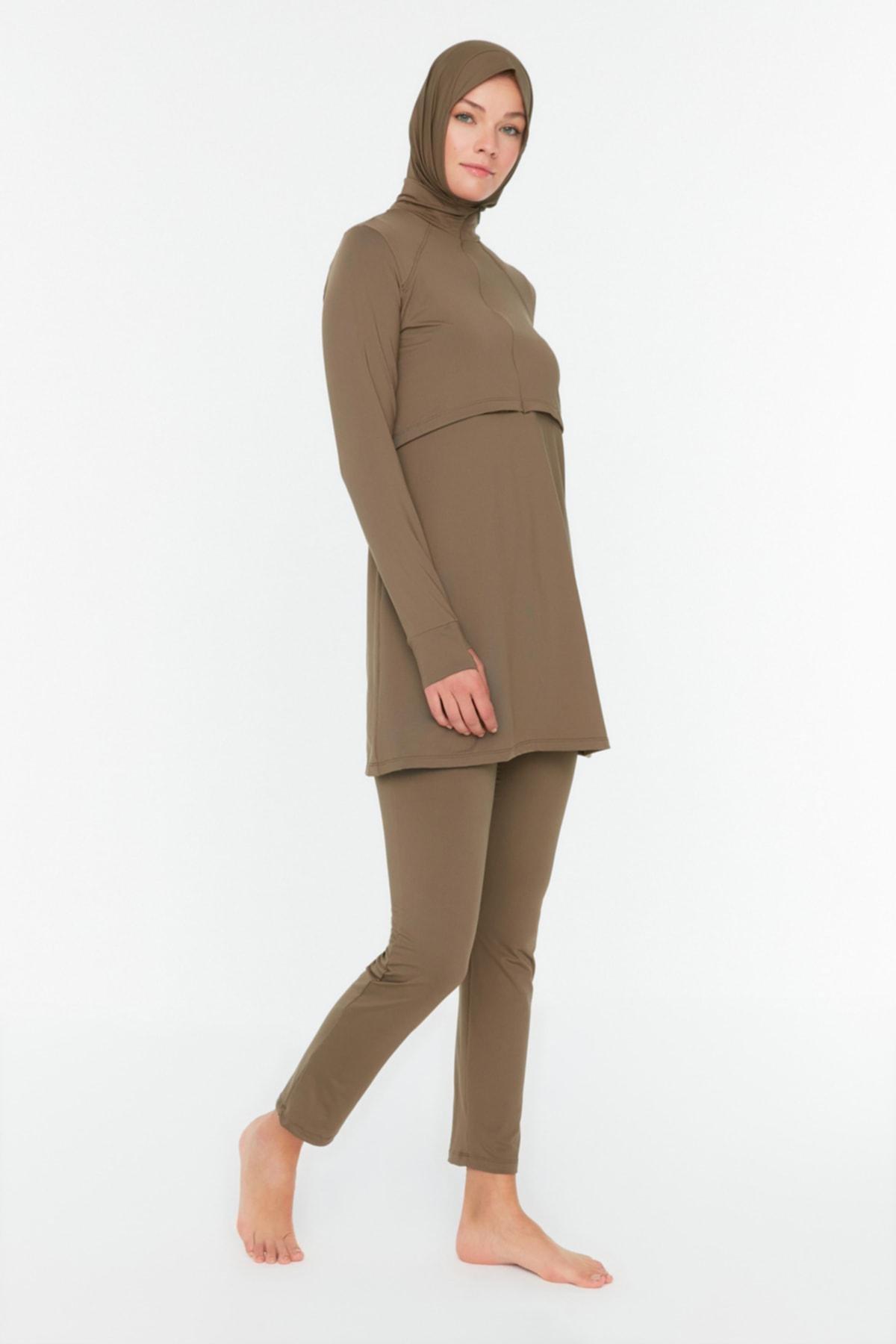 Brown Zippered Round Burkini Set, Brown, large image number 0