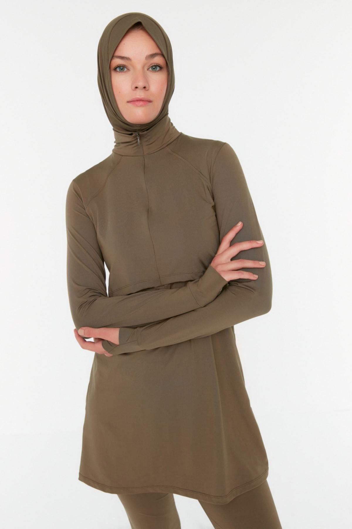 Brown Zippered Round Burkini Set, Brown, large image number 1