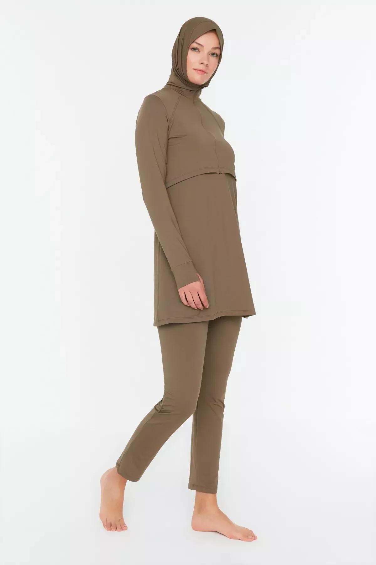 Brown Zippered Round Burkini Set, Brown, large image number 1