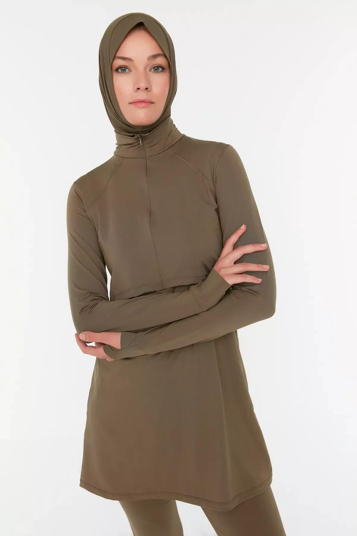 Brown Zippered Round Burkini Set, Brown, large image number 3