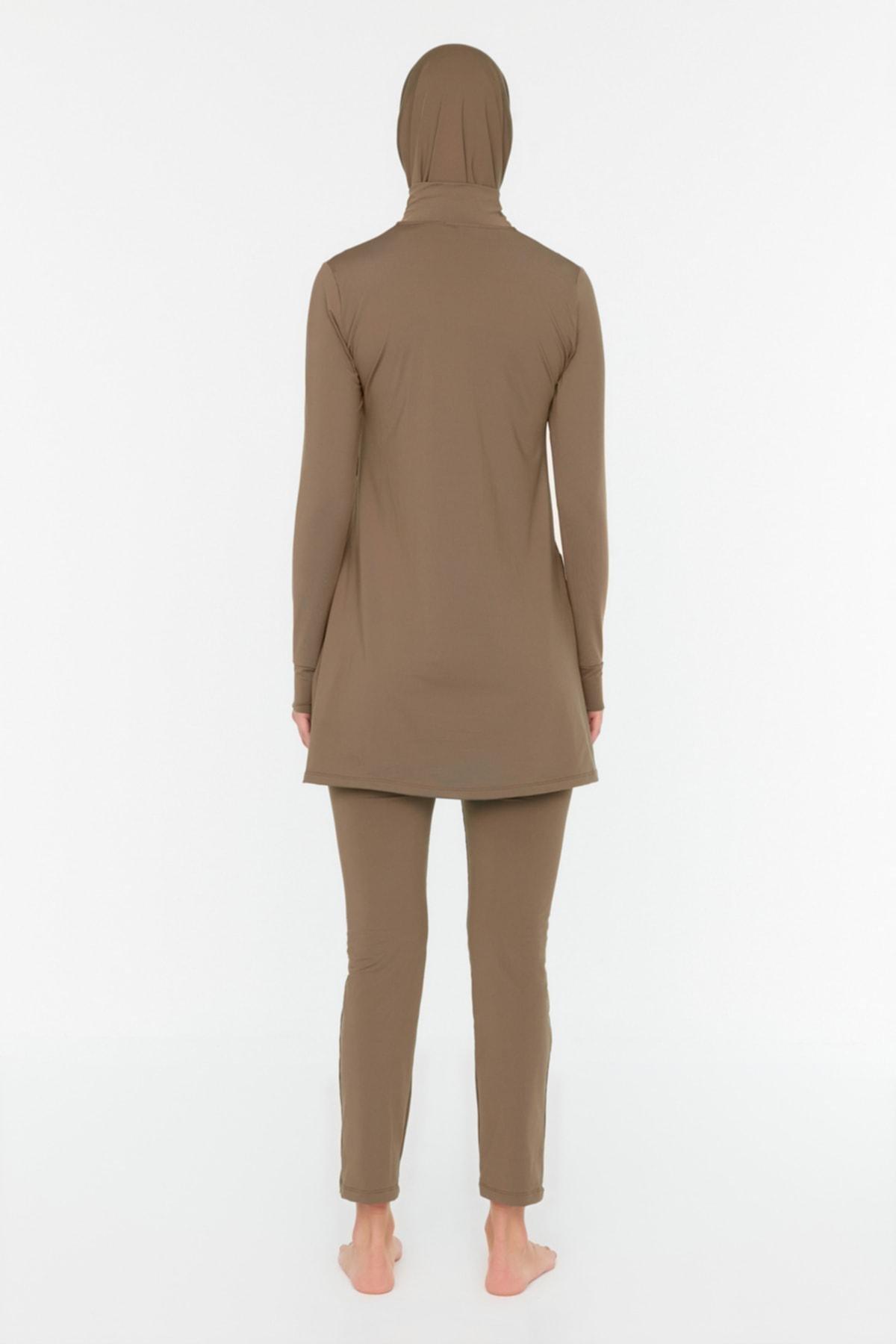 Brown Zippered Round Burkini Set, Brown, large image number 4
