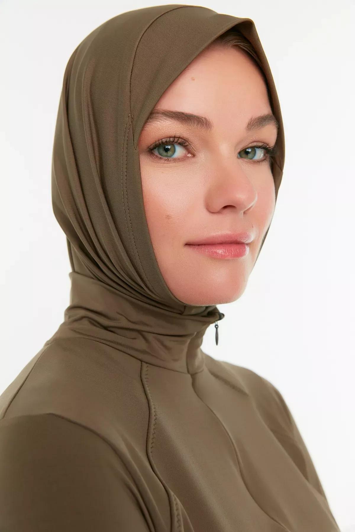Brown Zippered Round Burkini Set, Brown, large image number 5