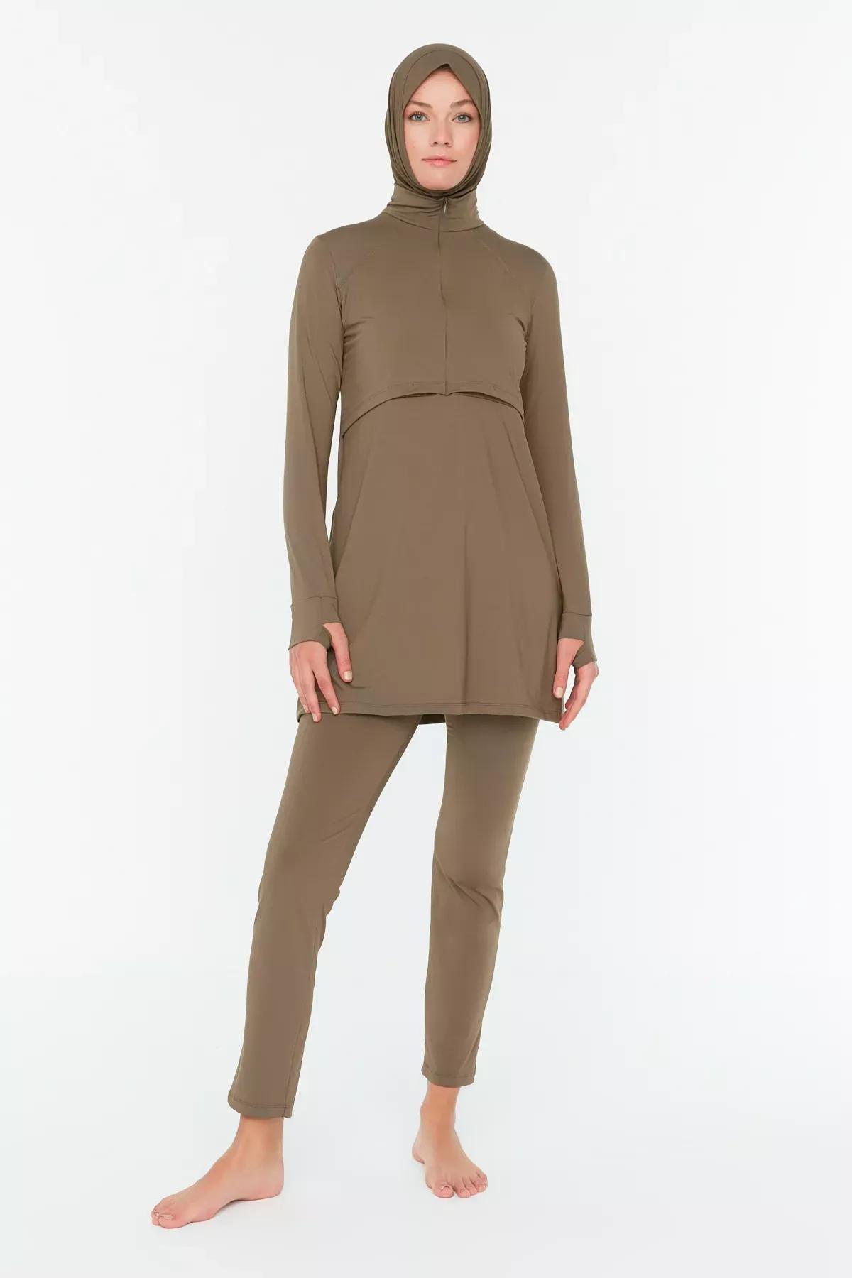 Brown Zippered Round Burkini Set, Brown, large image number 8