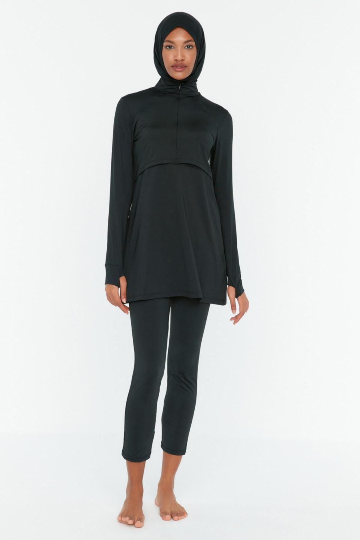Black Zippered Round Burkini Set, , medium