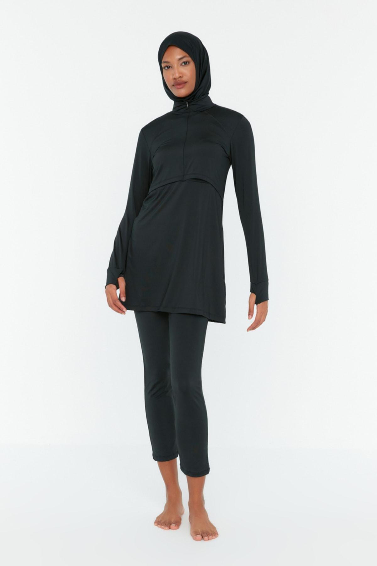 Black Zippered Round Burkini Set, , large image number 3