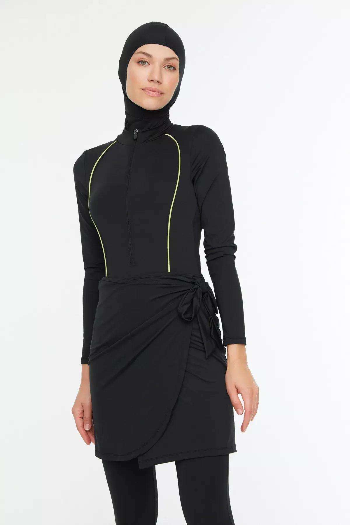 Black Zippered Raglan Burkini Set, , large image number 0
