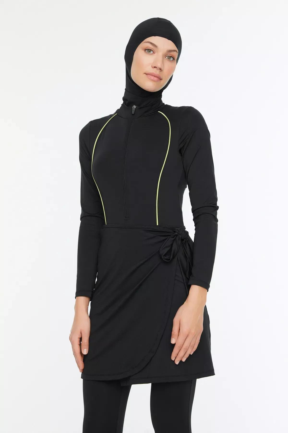 Black Zippered Raglan Burkini Set, , large image number 1