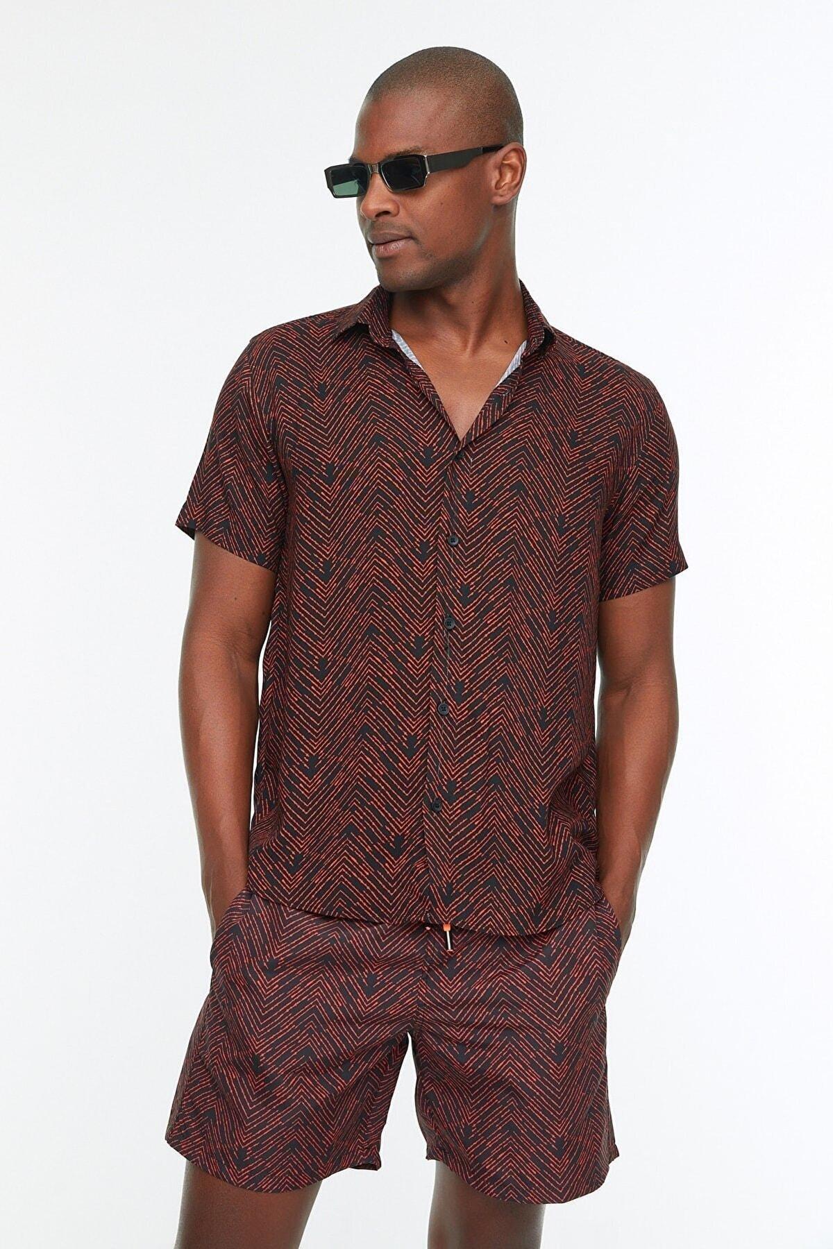 Brown Geometric Pattern Swim Shorts , , large image number 0