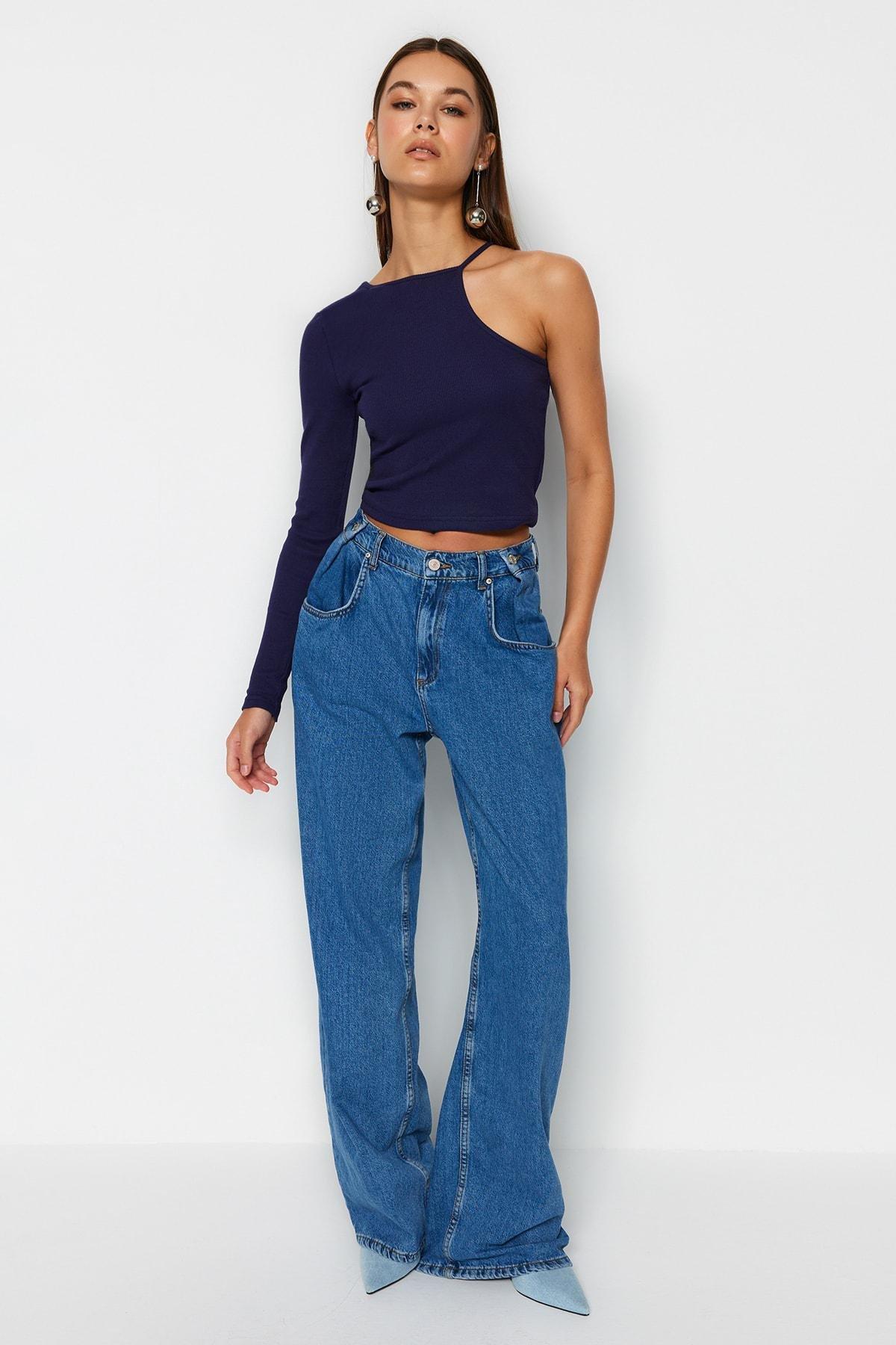 بلوزة بقصة سليم فت، كحلي, Navy blue, large image number 1