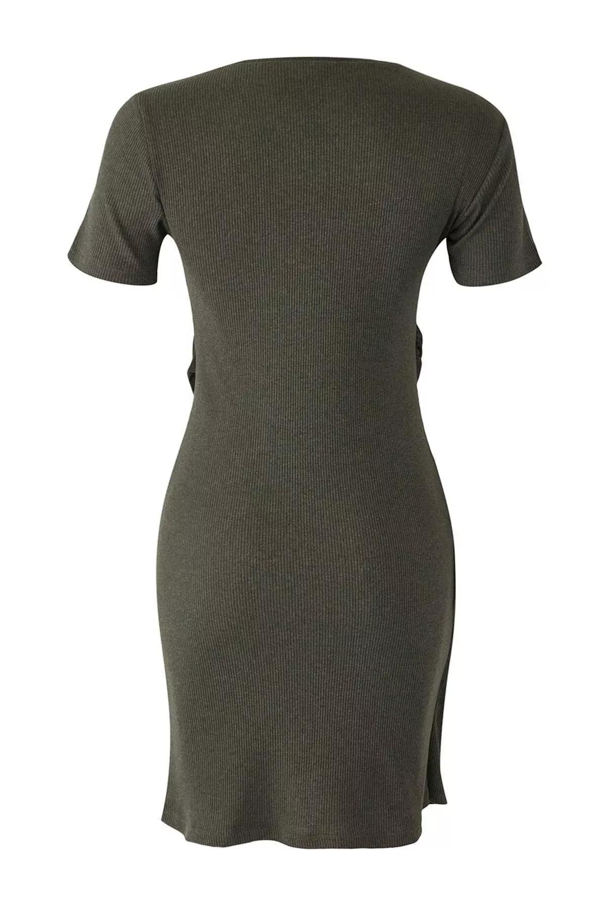 Khaki Bodycon Crew Neck Dress, , large image number 5