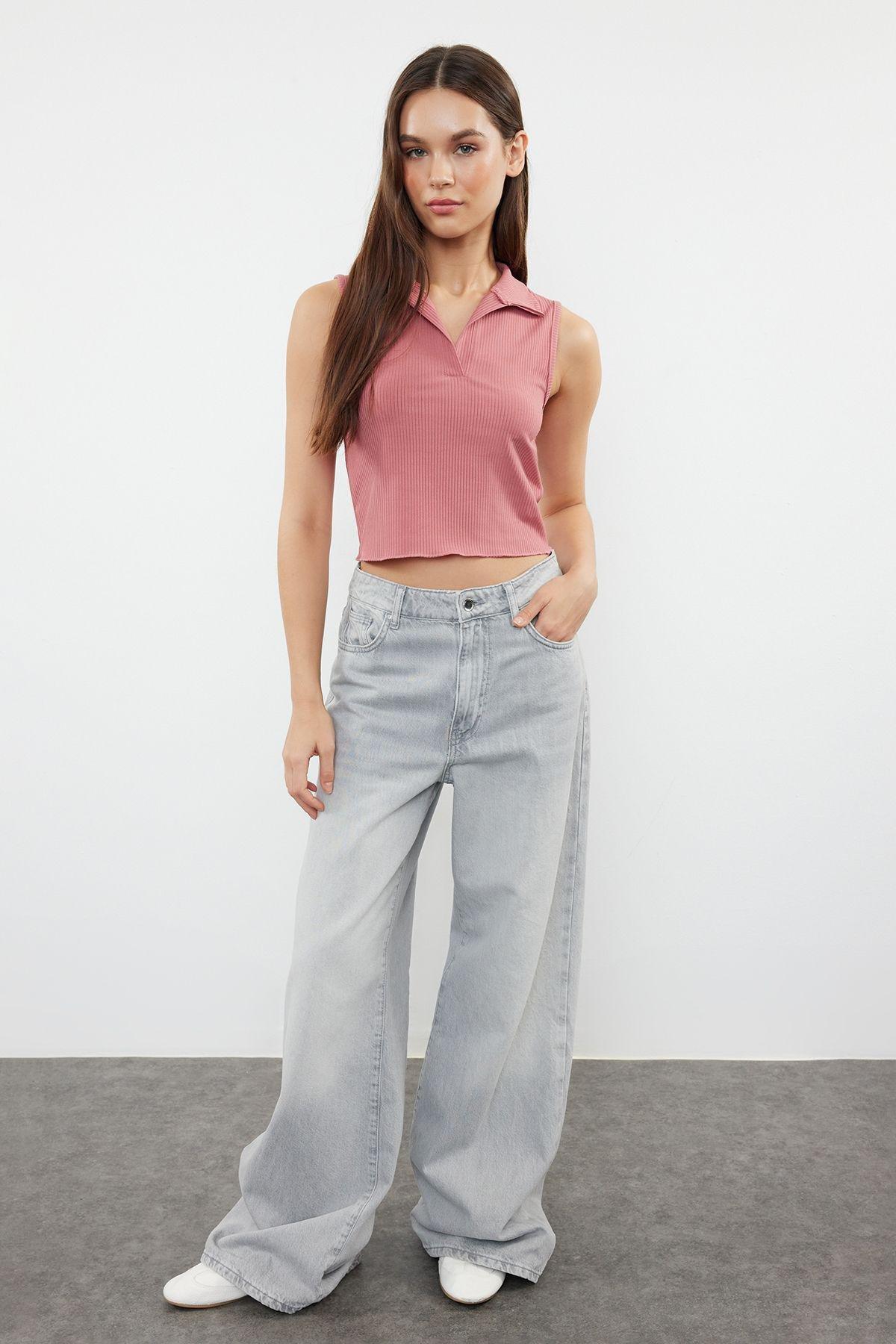 Pink Polo Collar Ribbed Knit Blouse, Pink, large image number 0