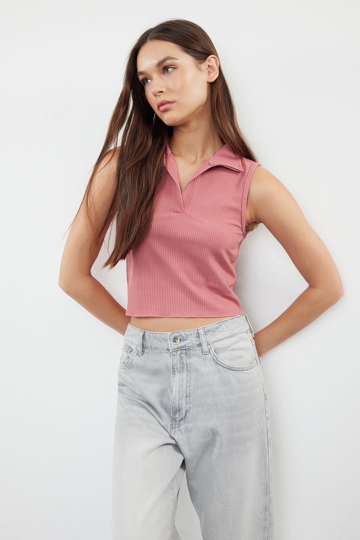 Pink Polo Collar Ribbed Knit Blouse, Pink, large image number 1