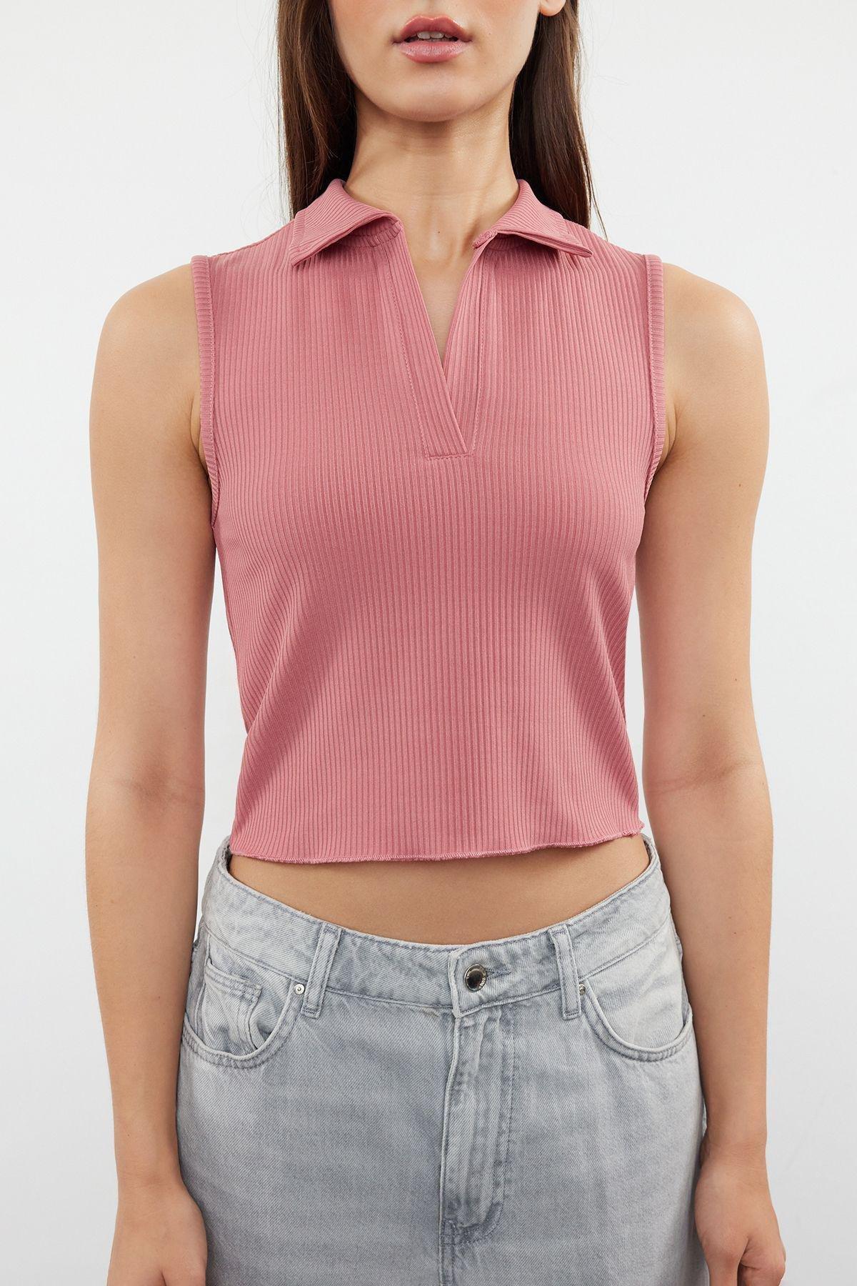 Pink Polo Collar Ribbed Knit Blouse, Pink, large image number 2