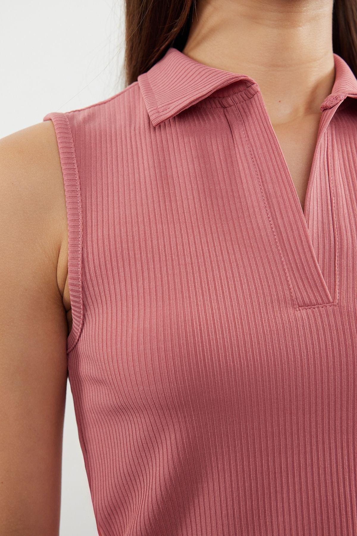 Pink Polo Collar Ribbed Knit Blouse, Pink, large image number 3