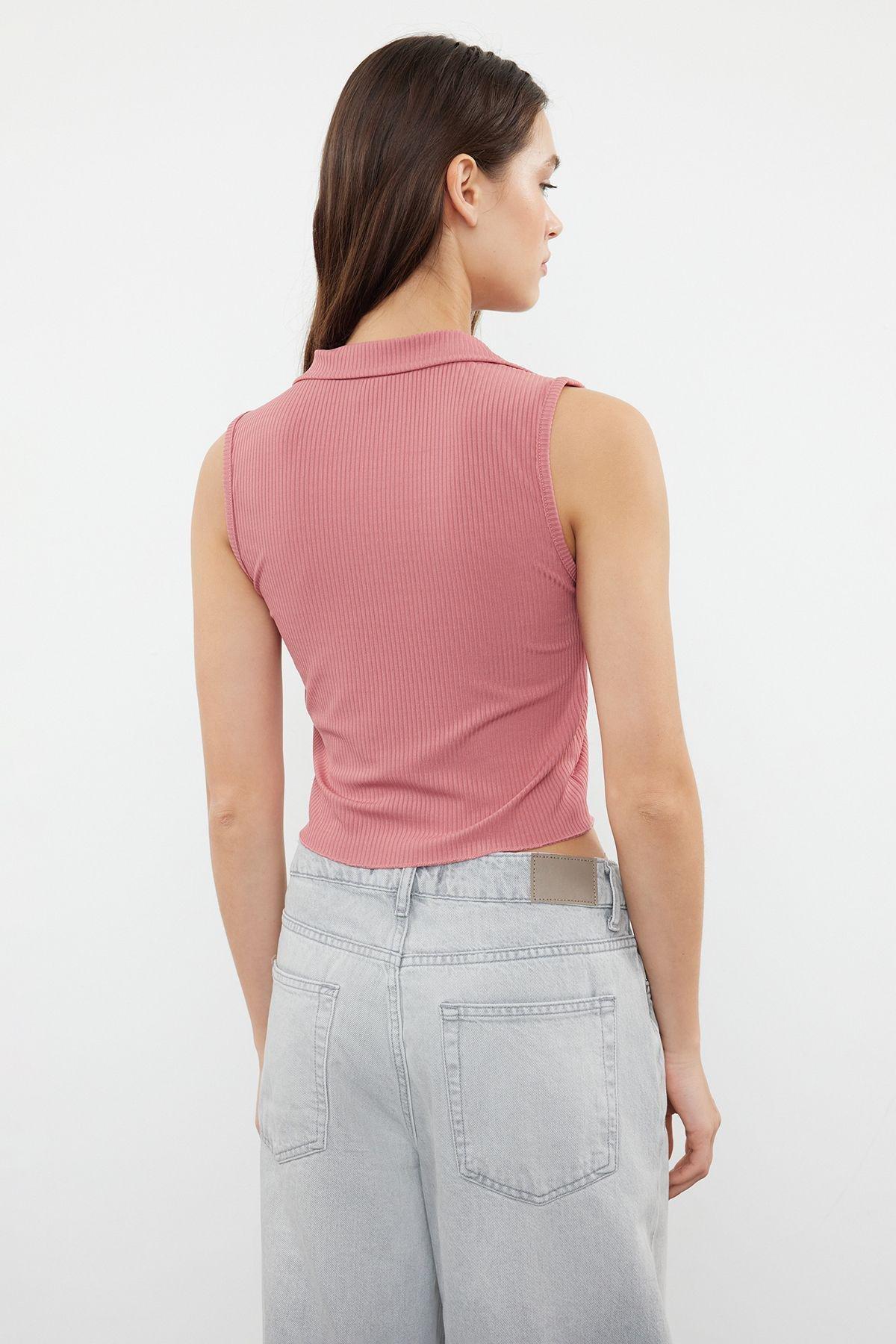 Pink Polo Collar Ribbed Knit Blouse, Pink, large image number 4