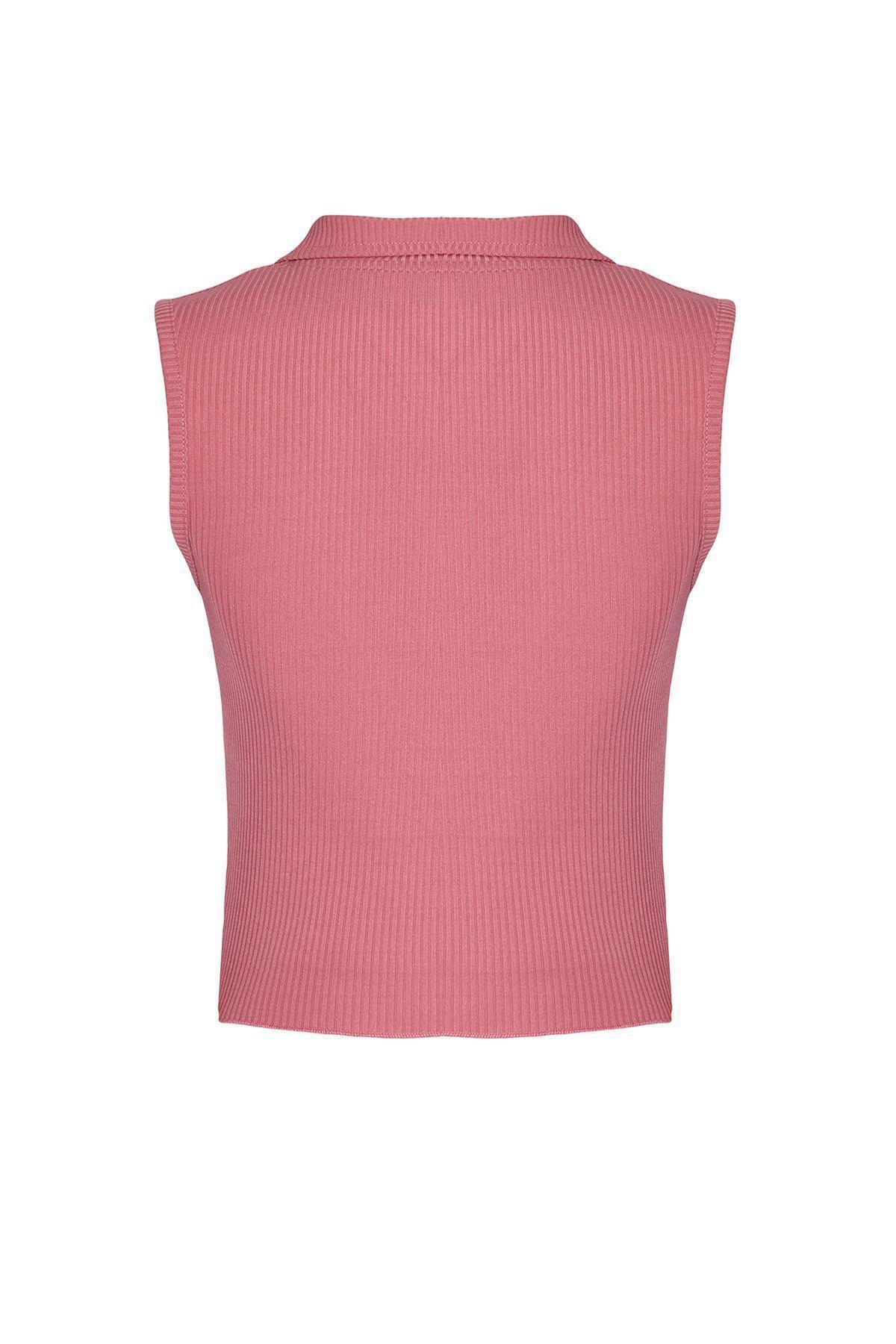 Pink Polo Collar Ribbed Knit Blouse, Pink, large image number 5