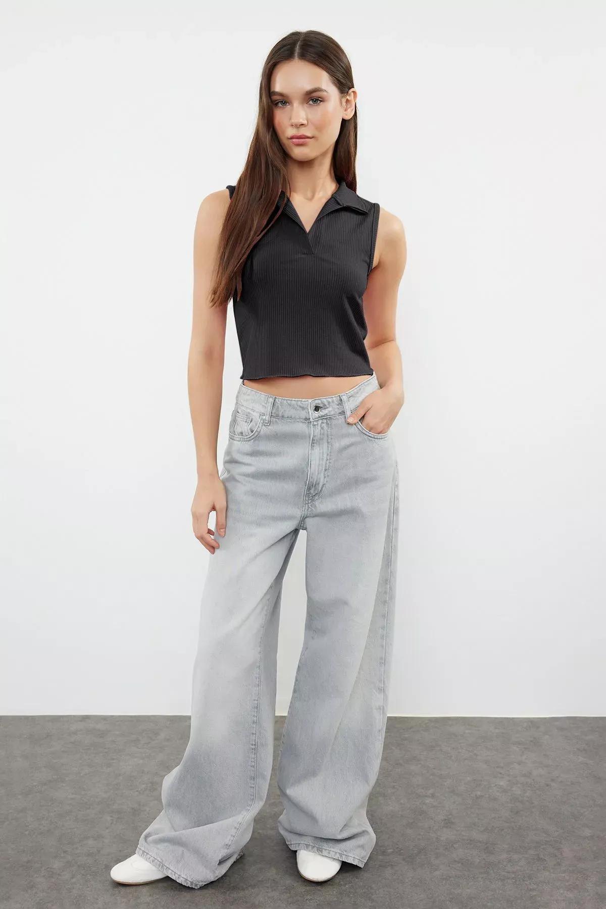 Grey Polo Collar Crop Flexible Blouse, , large image number 0