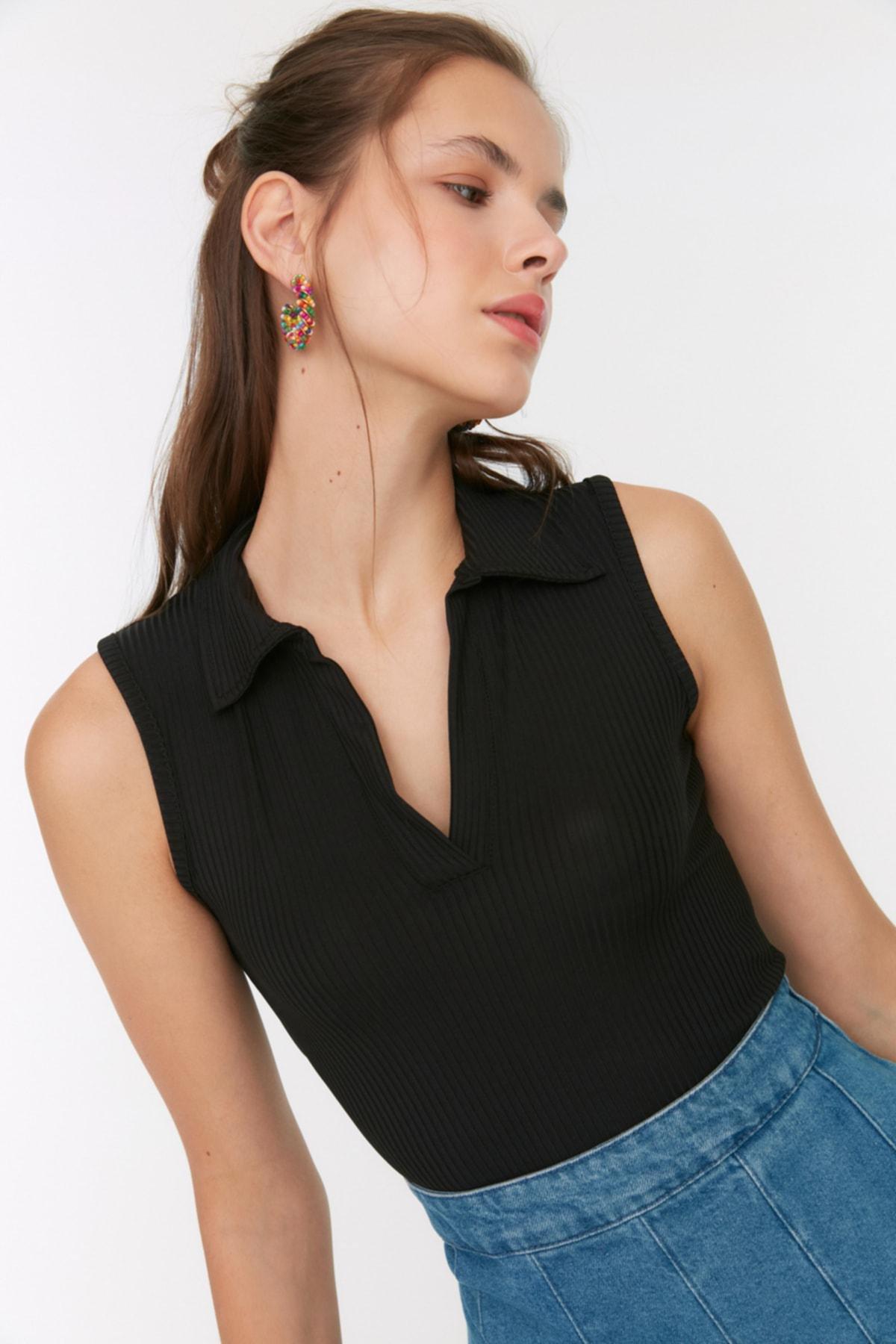 Black Slim Polo Blouse, , large image number 0
