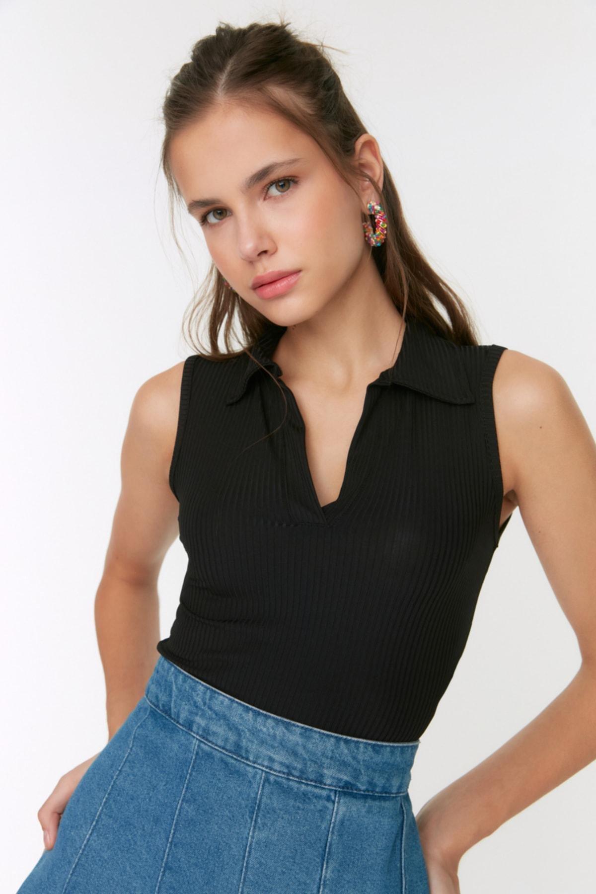 Black Slim Polo Blouse, , large image number 2