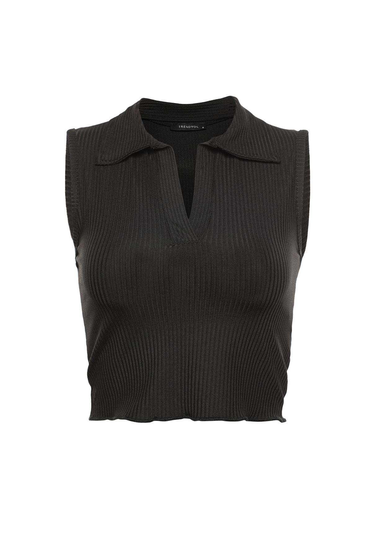 Black Slim Polo Blouse, , large image number 5