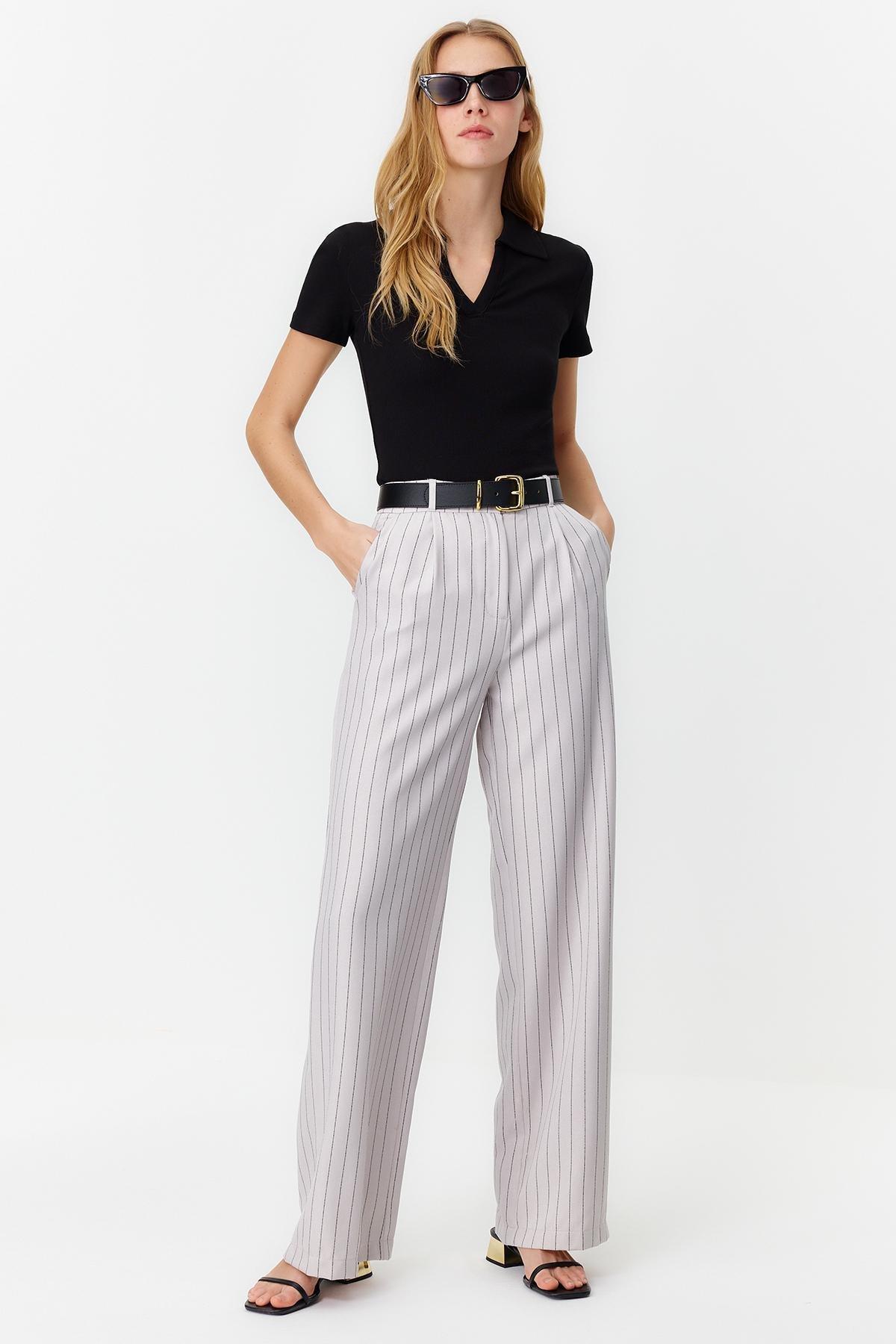 Grey High Waist Wide Leg Striped Trousers, , large image number 0