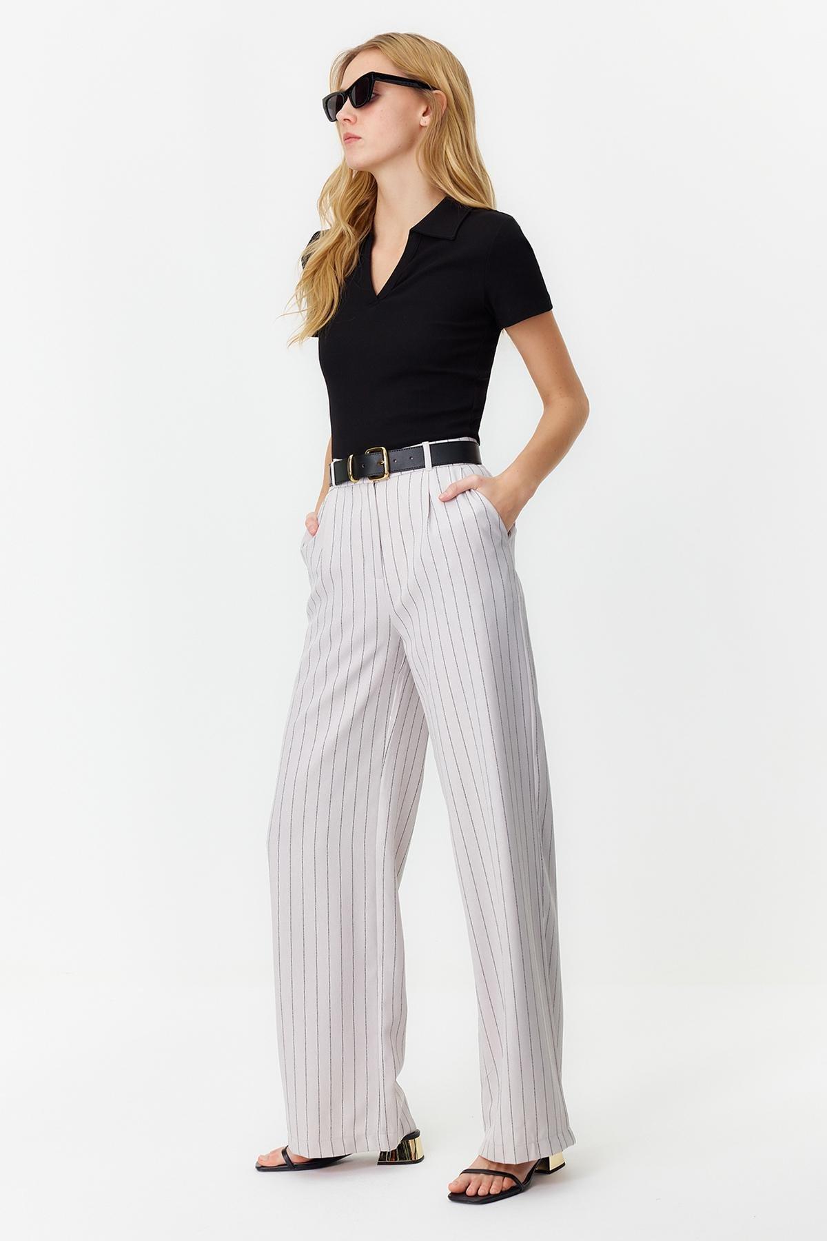 Grey High Waist Wide Leg Striped Trousers, , large image number 1