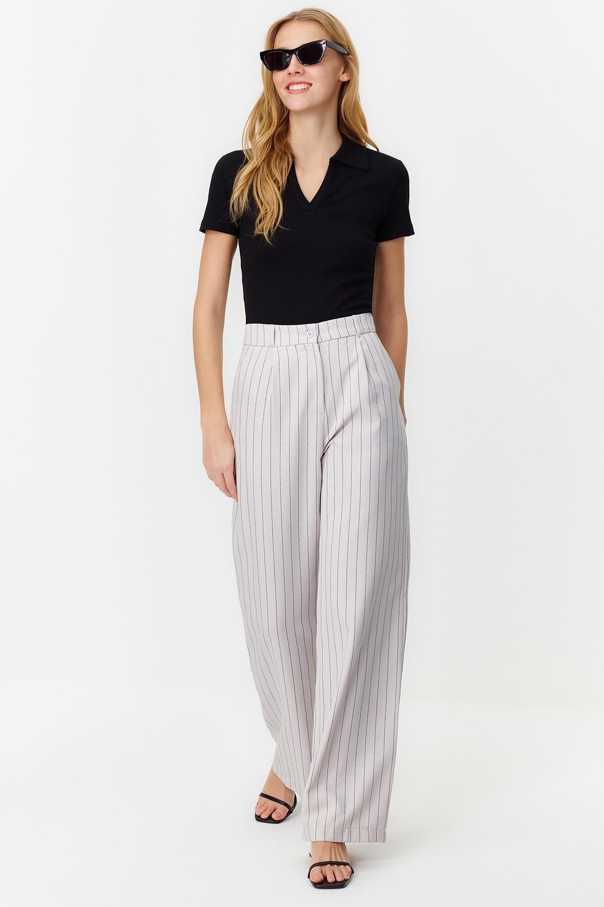 Grey High Waist Wide Leg Striped Trousers, , large image number 2