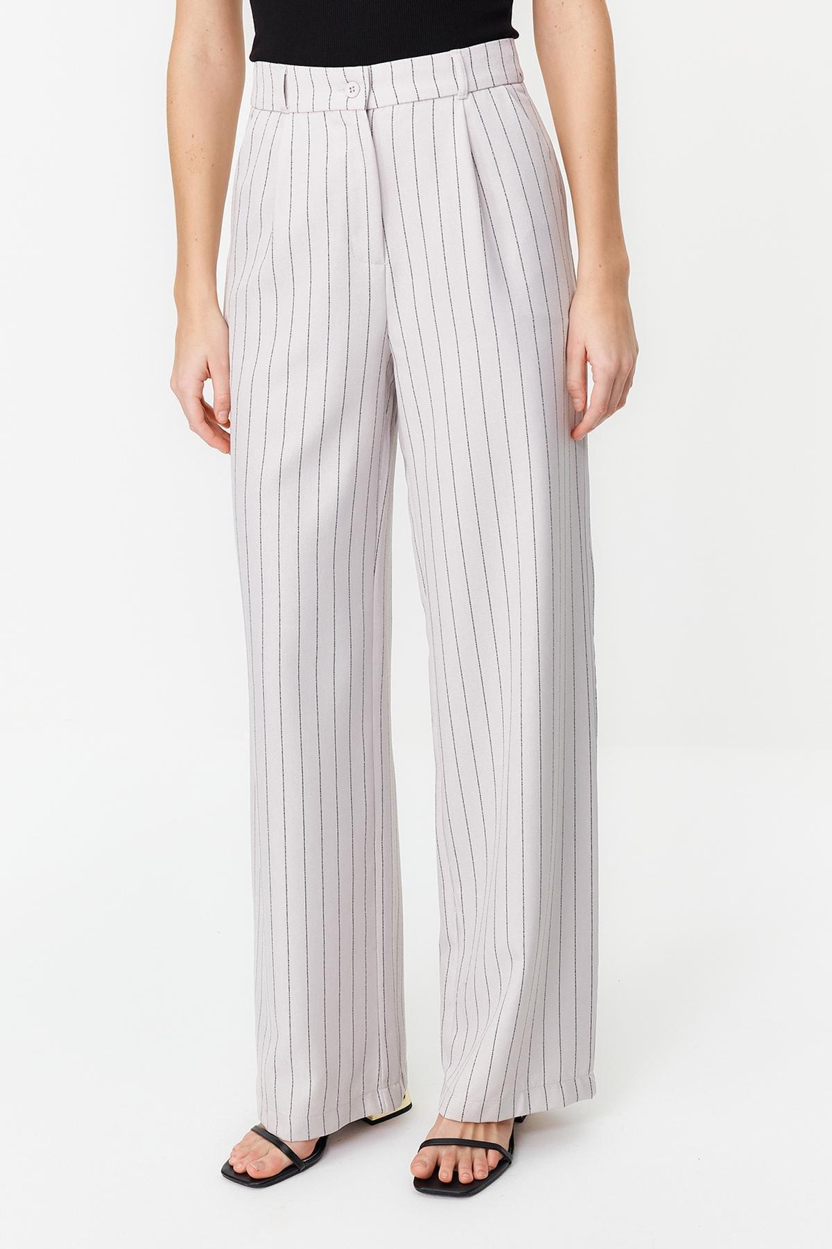 Grey High Waist Wide Leg Striped Trousers, , large image number 4