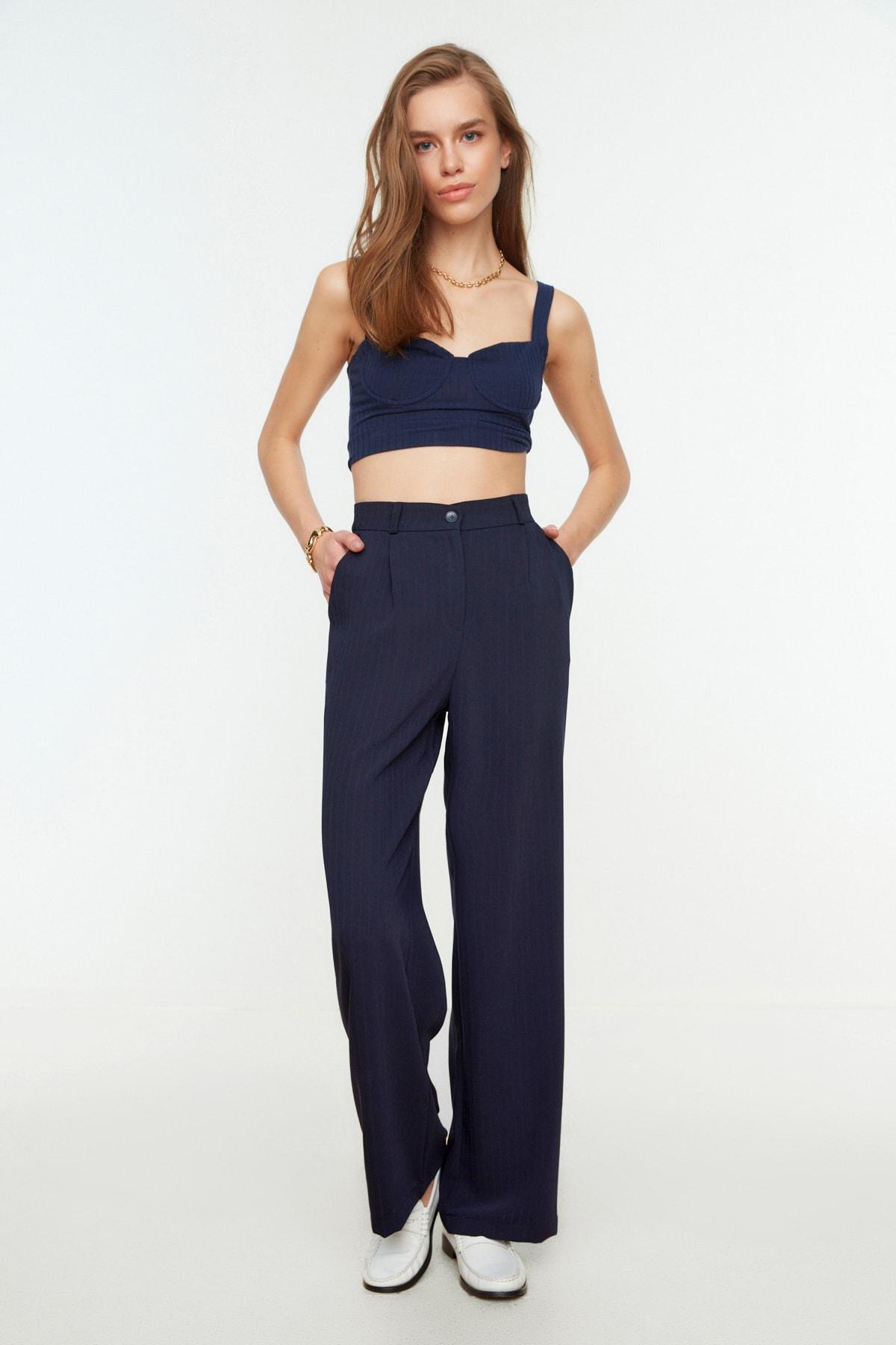 Navy Striped Wide Leg Pants, , large image number 0