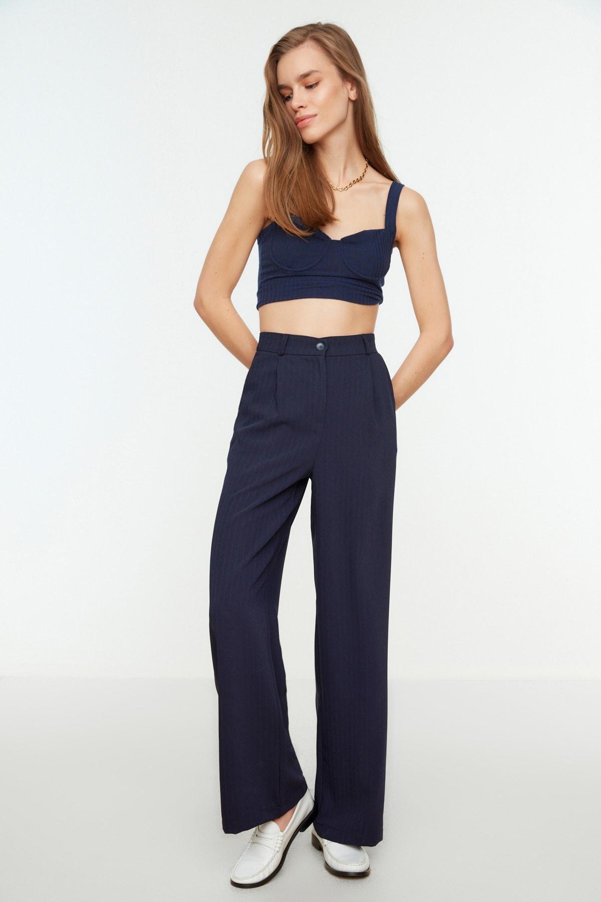 Navy Striped Wide Leg Pants, , large image number 1