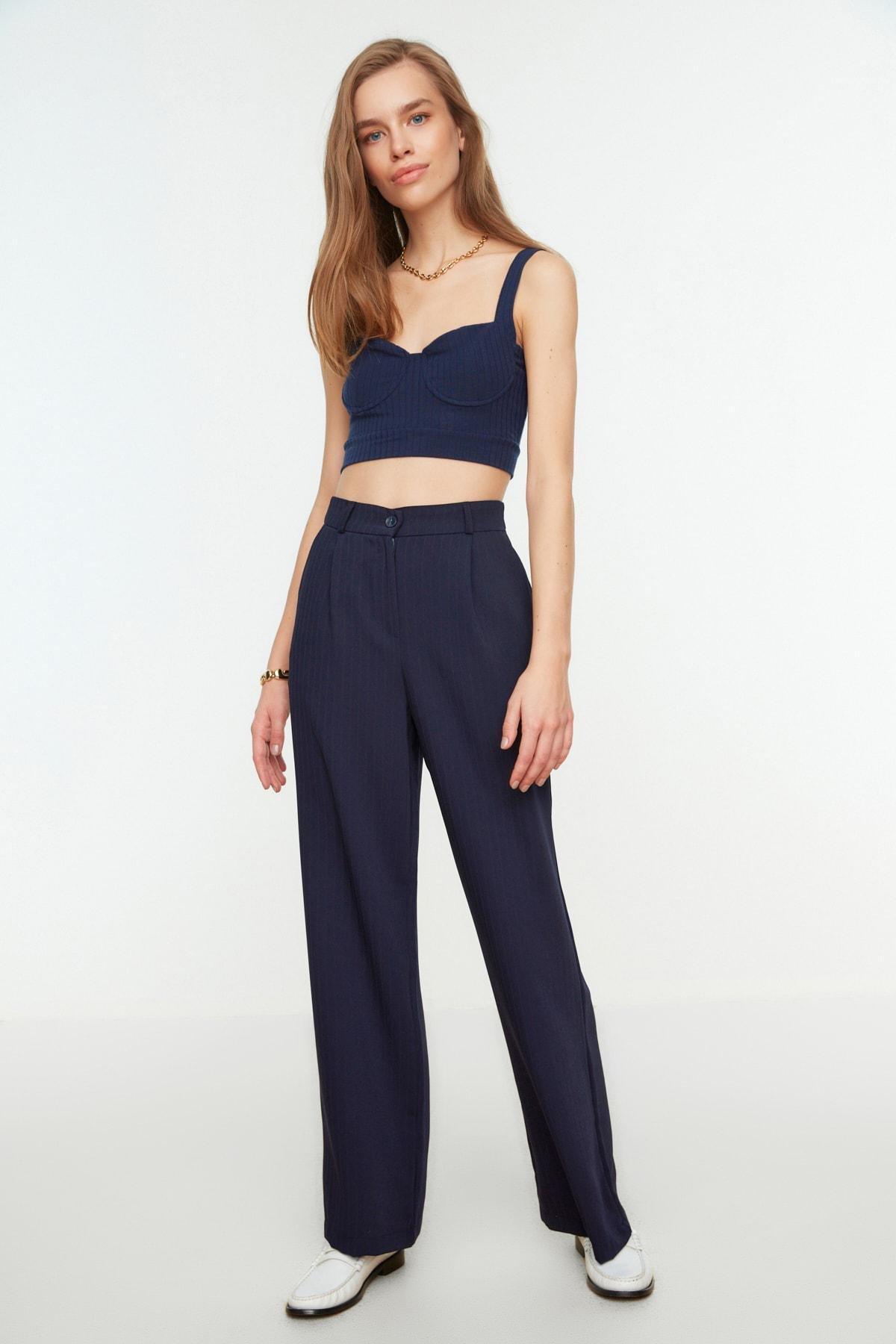 Navy Striped Wide Leg Pants, , large image number 2