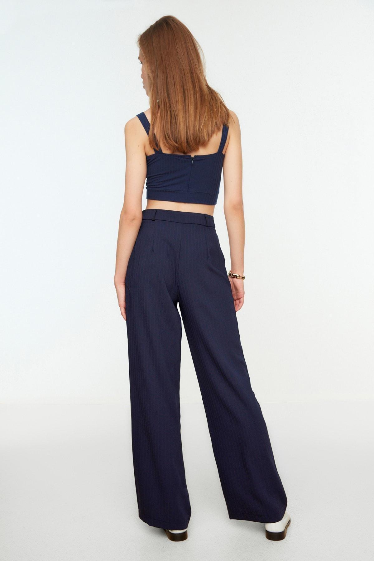 Navy Striped Wide Leg Pants, Dark blue, large image number 4