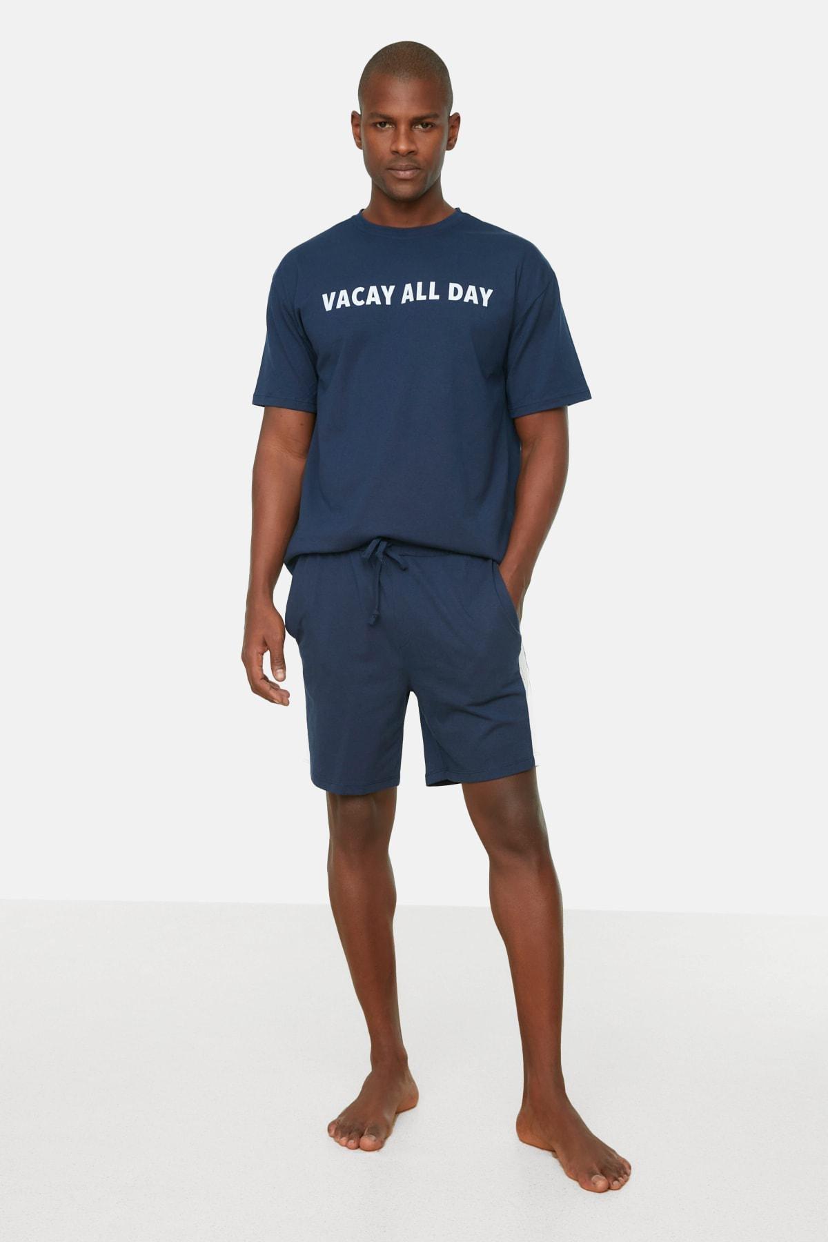 Navy Printed Crew Neck Pajama Set, , large image number 0