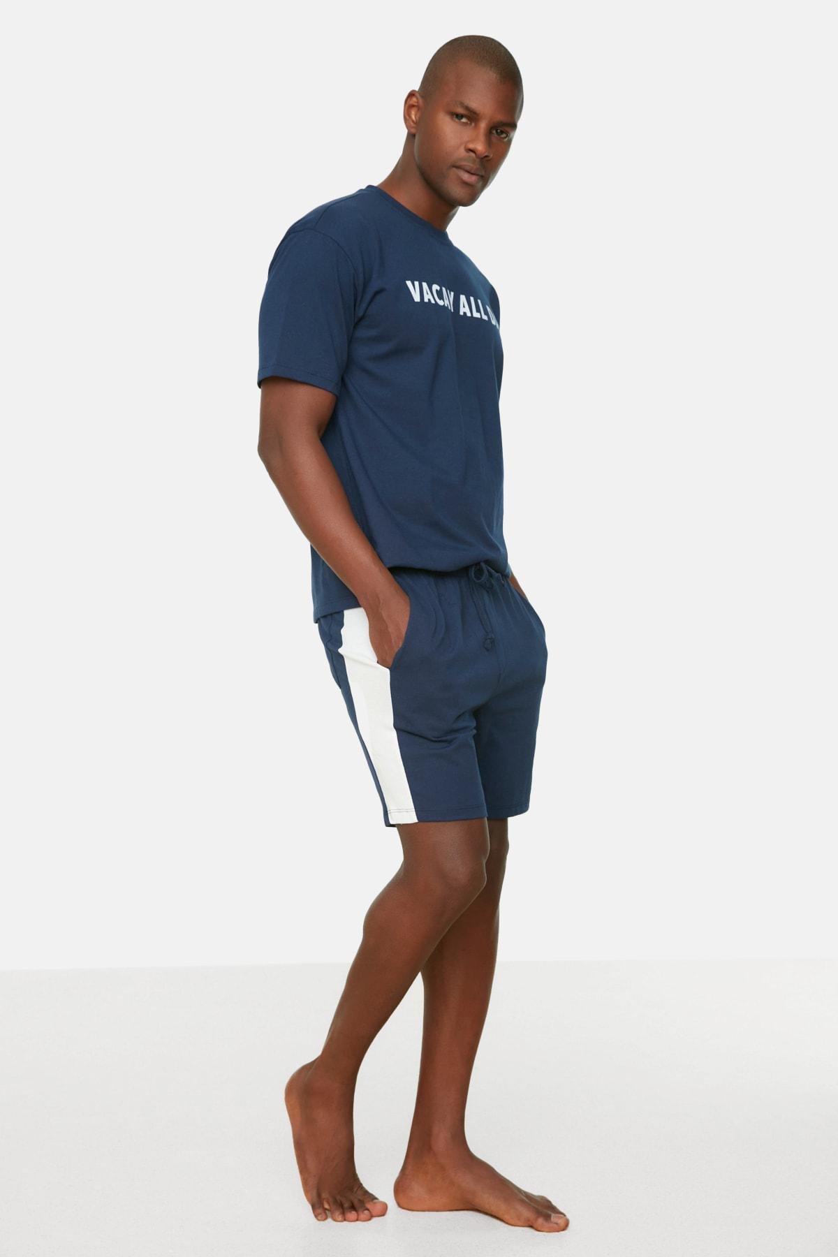 Navy Printed Crew Neck Pajama Set, , large image number 1