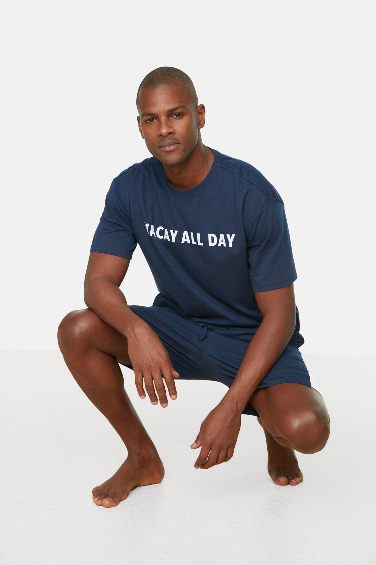 Navy Printed Crew Neck Pajama Set, , large image number 2