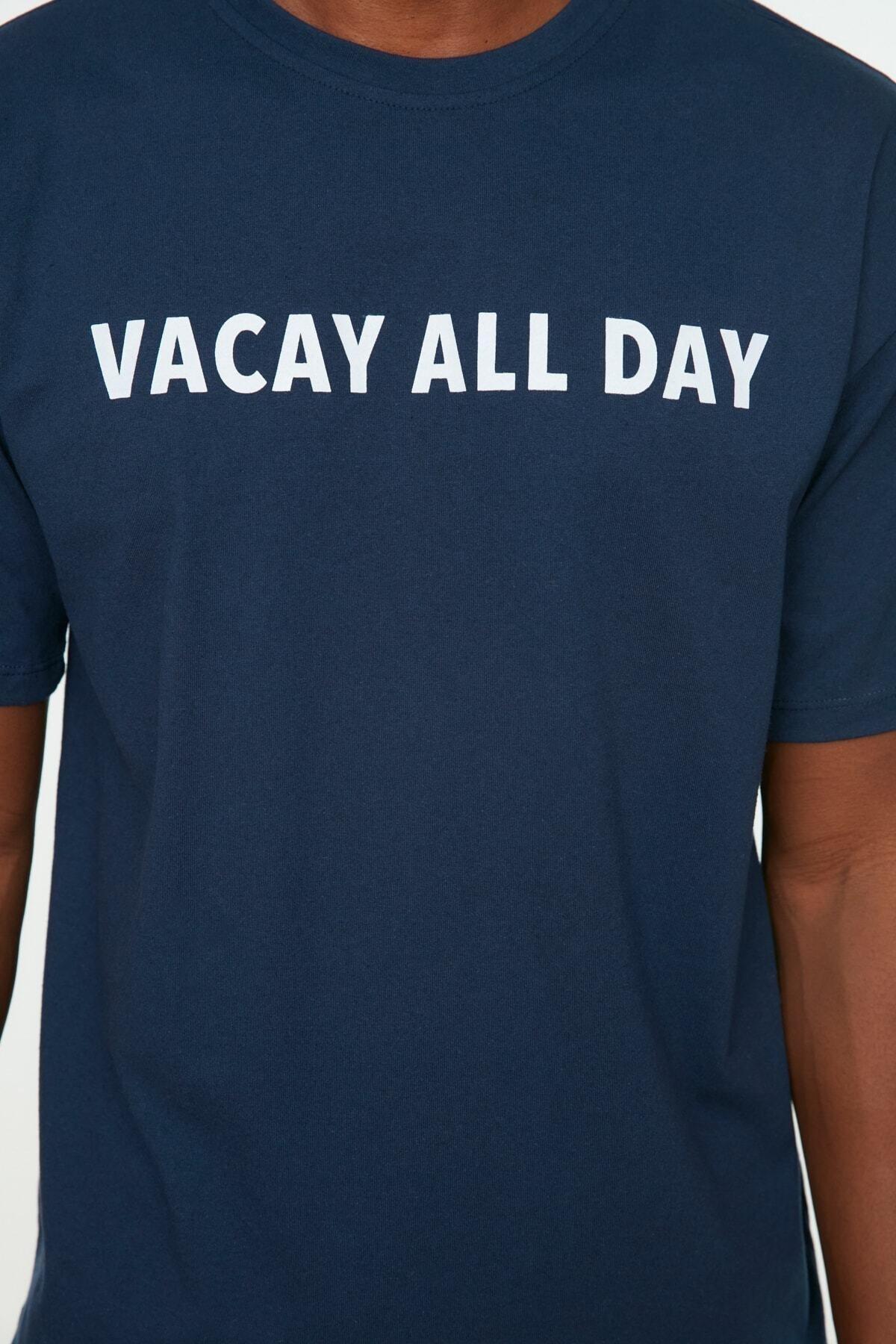 Navy Printed Crew Neck Pajama Set, , large image number 3