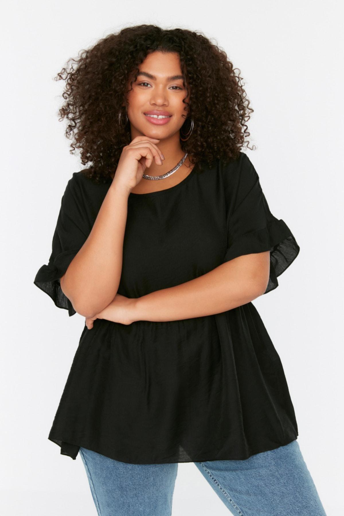 Black Oversize Crew Neck Plus Size Blouse, , large image number 0