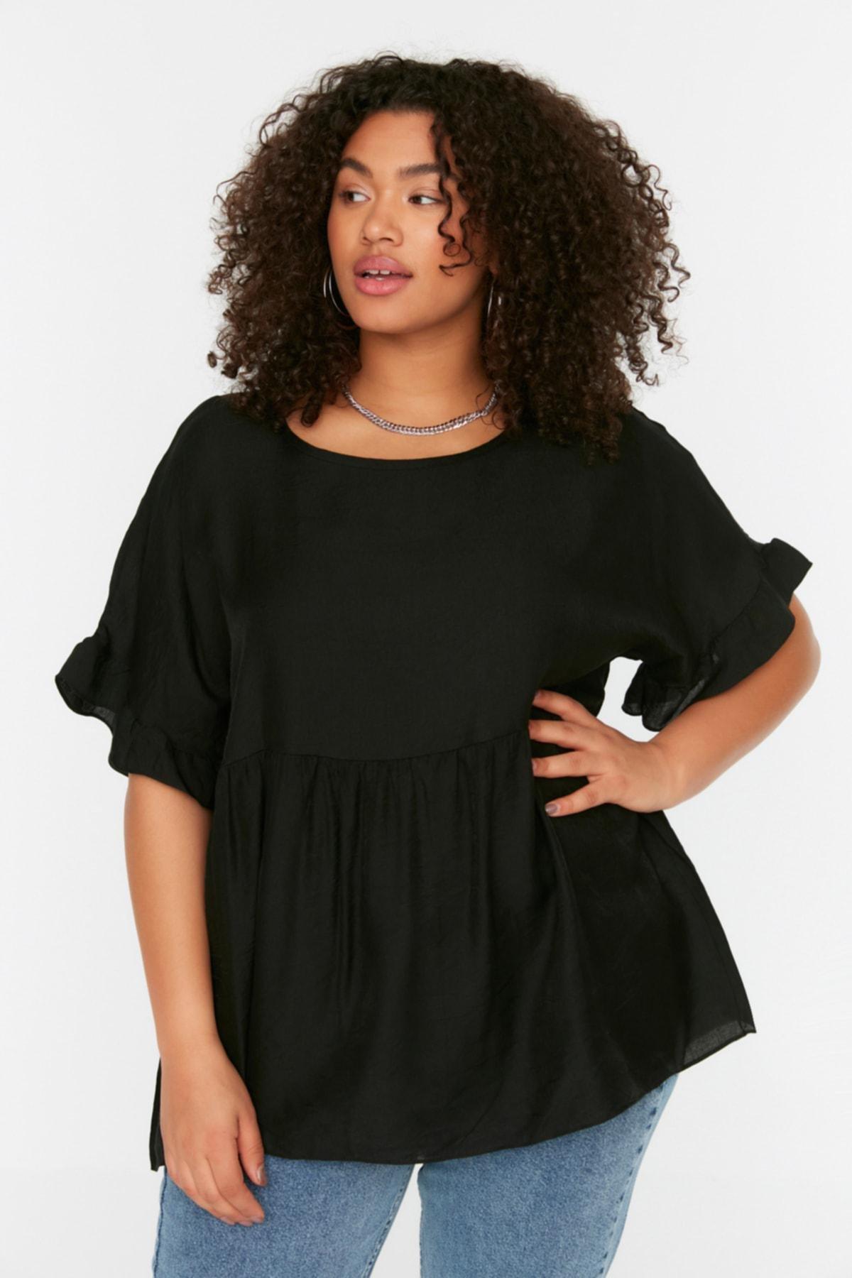 Black Oversize Crew Neck Plus Size Blouse, , large image number 1